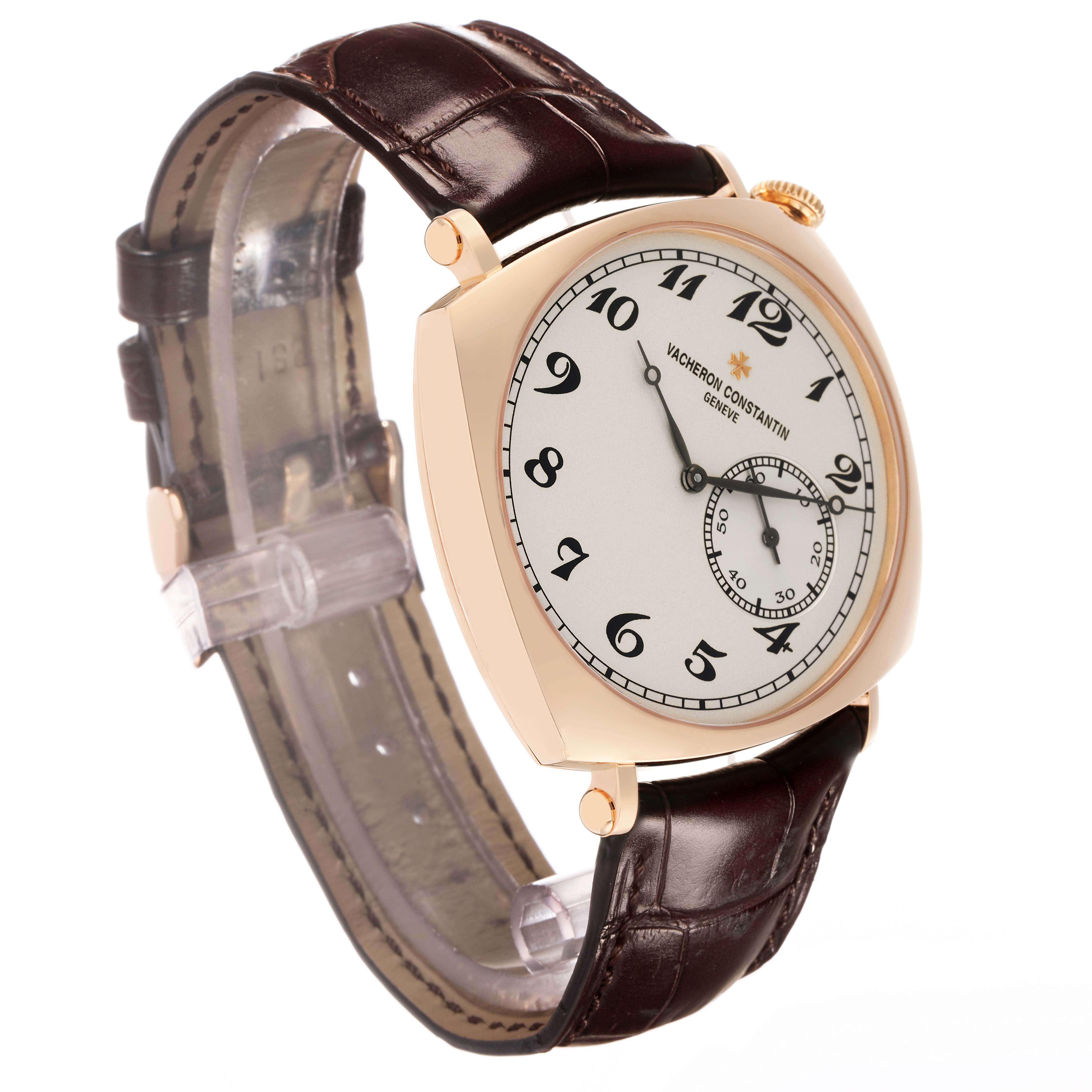 The Vacheron Constantin Historiques 82035/000R-9359 Men's Rose Gold Silver Dial watch is shown at a side angle, displaying its dial, case, crown, and leather strap.