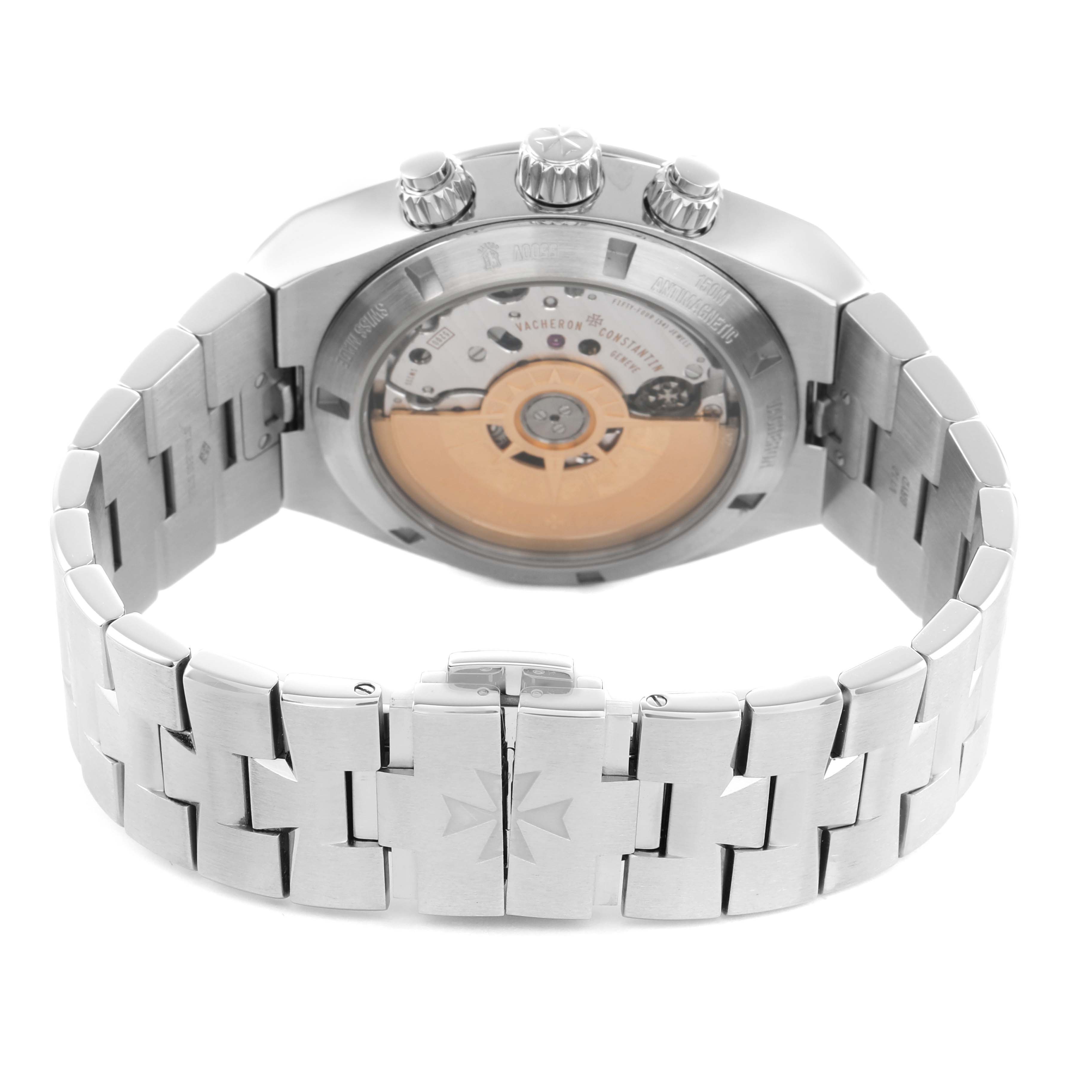 The Vacheron Constantin Overseas 5500V Men's Stainless Steel Blue Dial watch is shown from the back, highlighting its movement, clasp, and bracelet.