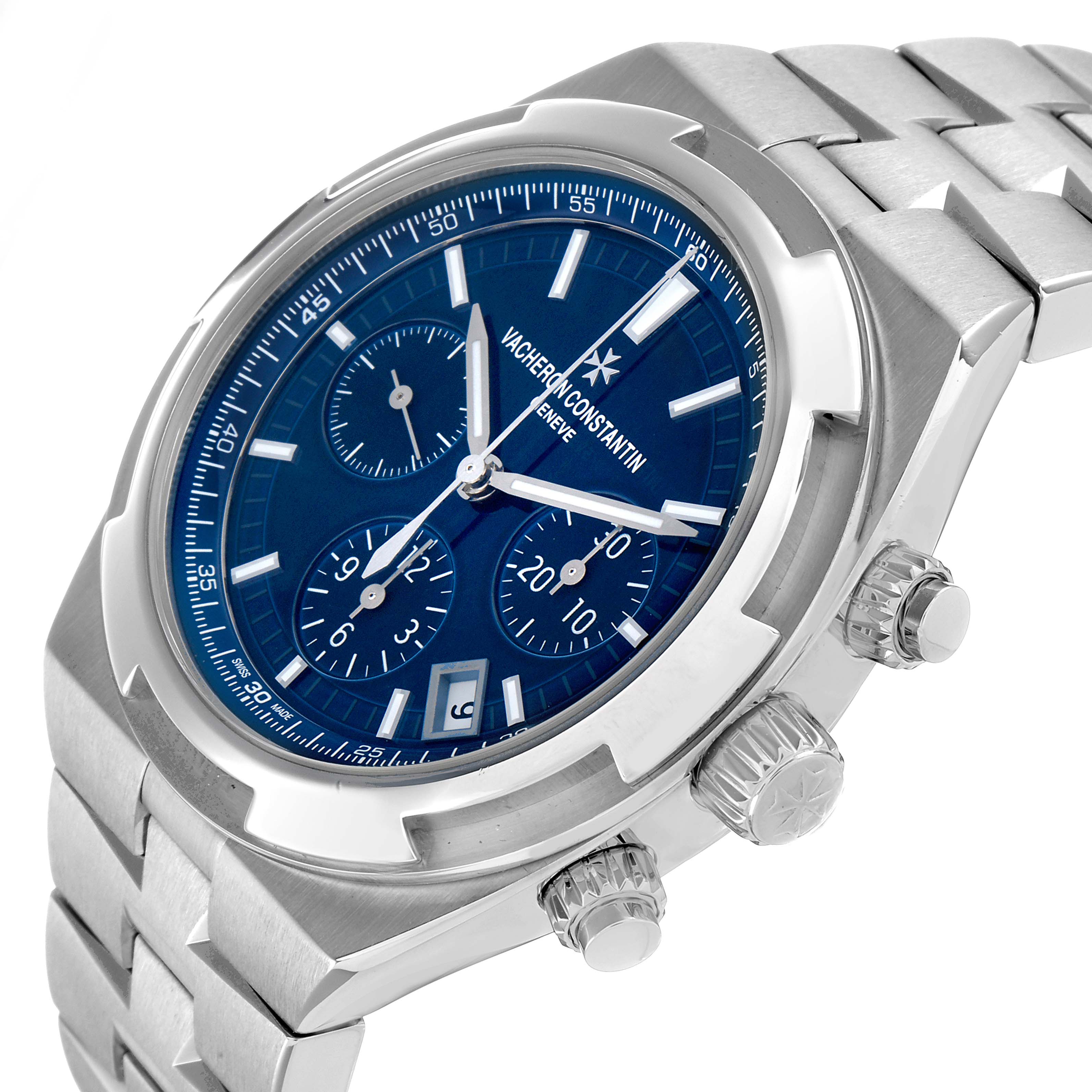 The Vacheron Constantin Overseas 5500V Men's Stainless Steel Blue Dial watch is shown at an angle highlighting the blue dial, sub-dials, crown, and part of the bracelet.