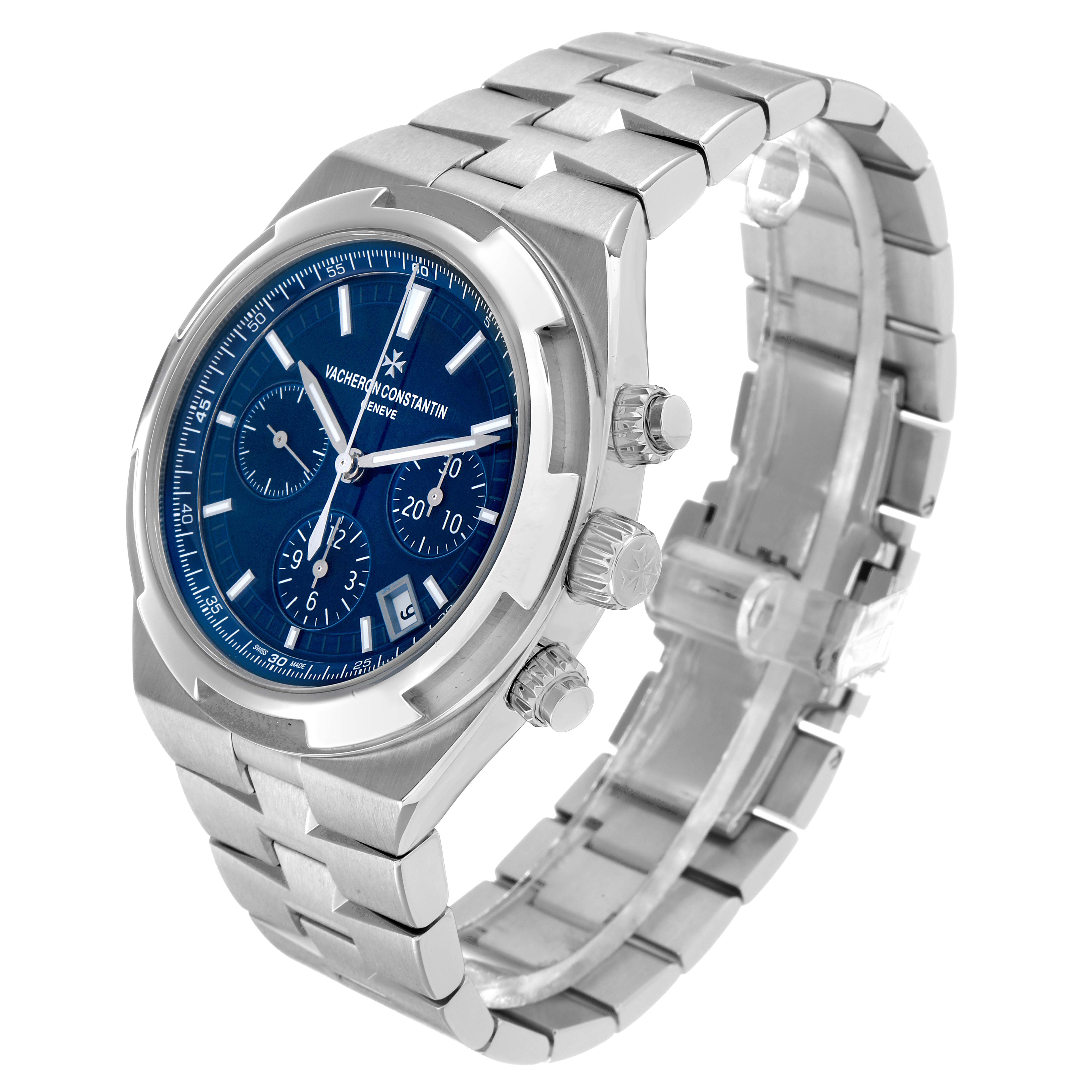 The Vacheron Constantin Overseas 5500V Men's Stainless Steel Blue Dial watch is shown at a three-quarter angle, highlighting the face, case, and metal bracelet.