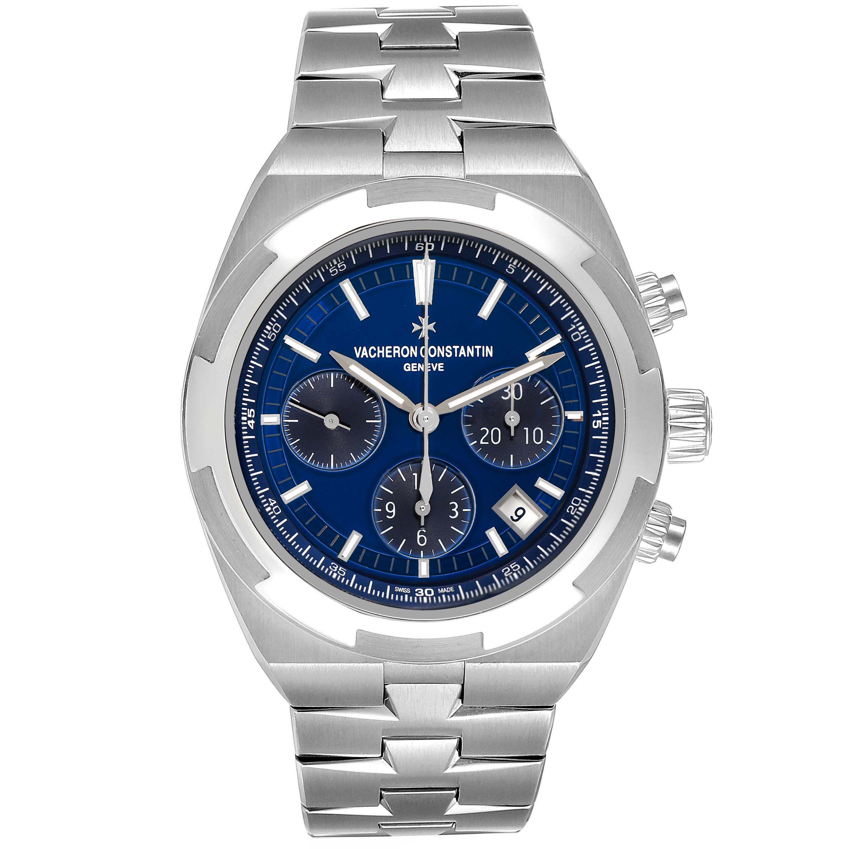 The Vacheron Constantin Overseas 5500V Men's Stainless Steel Blue Dial watch is shown from a front angle, highlighting the dial, chronograph subdials, and metal bracelet.