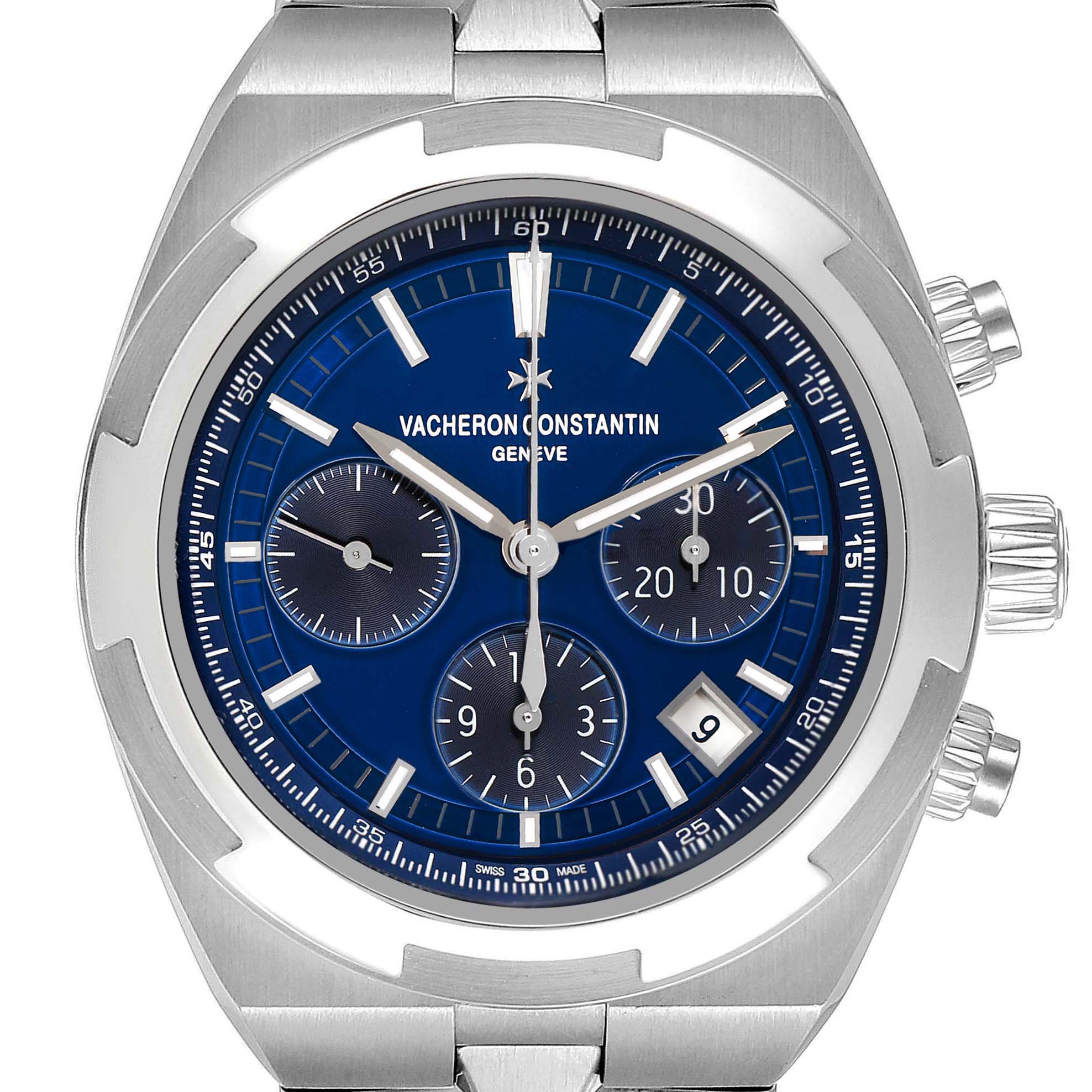 The image shows a front view of the Vacheron Constantin Overseas 5500V Men's Stainless Steel Blue Dial watch, highlighting the blue dial and chronograph features.