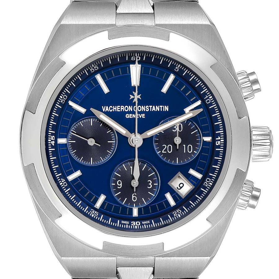 The image shows a front view of the Vacheron Constantin Overseas 5500V Men's Stainless Steel Blue Dial watch, highlighting the blue dial and chronograph features.
