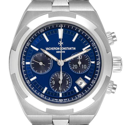 The image shows a front view of the Vacheron Constantin Overseas 5500V Men
s Stainless Steel Blue Dial watch, highlighting its blue dial, chronograph subdials, and date window.