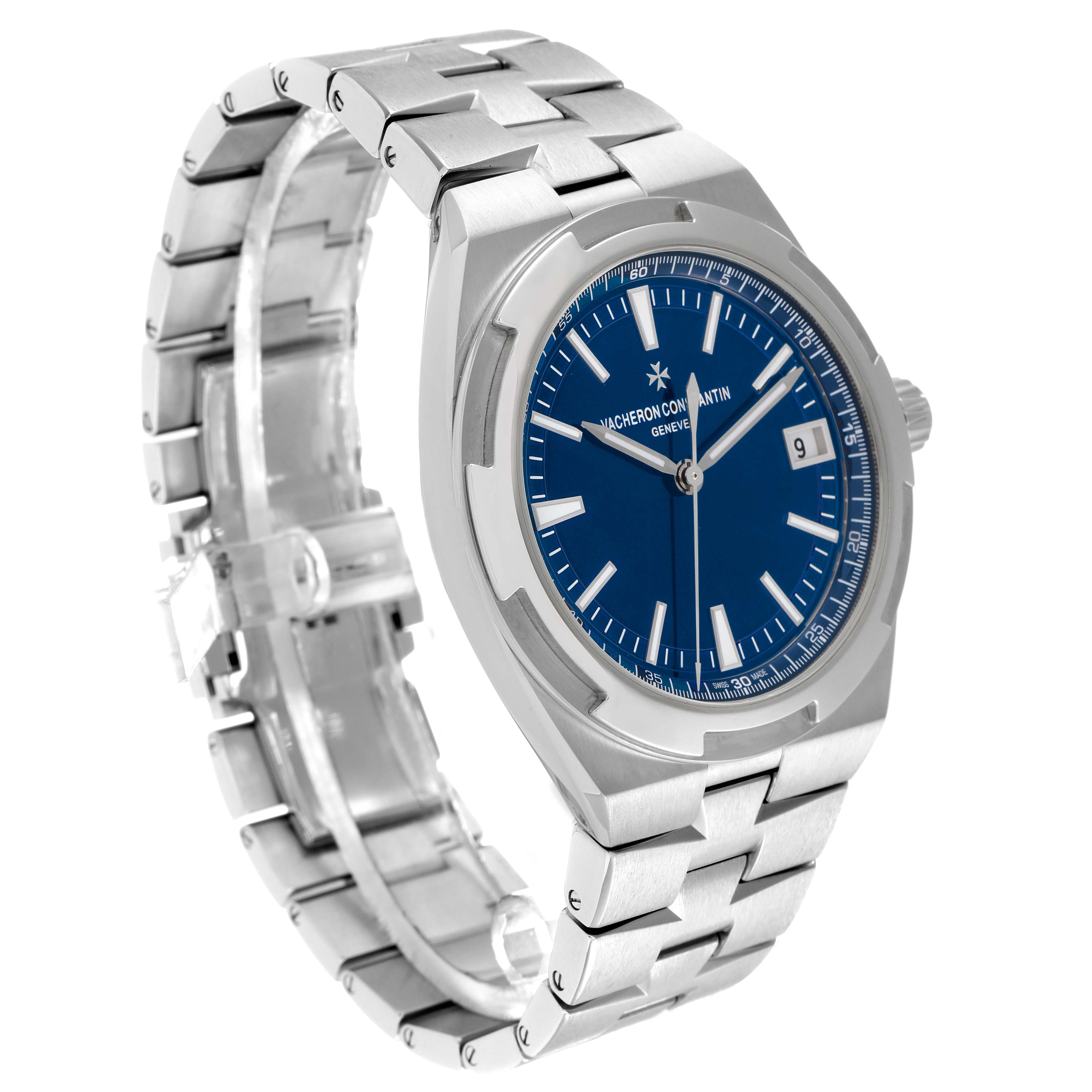The Vacheron Constantin Overseas 4500V Men's Stainless Steel Blue Dial watch is shown at an angled view, highlighting its dial, bezel, and bracelet.