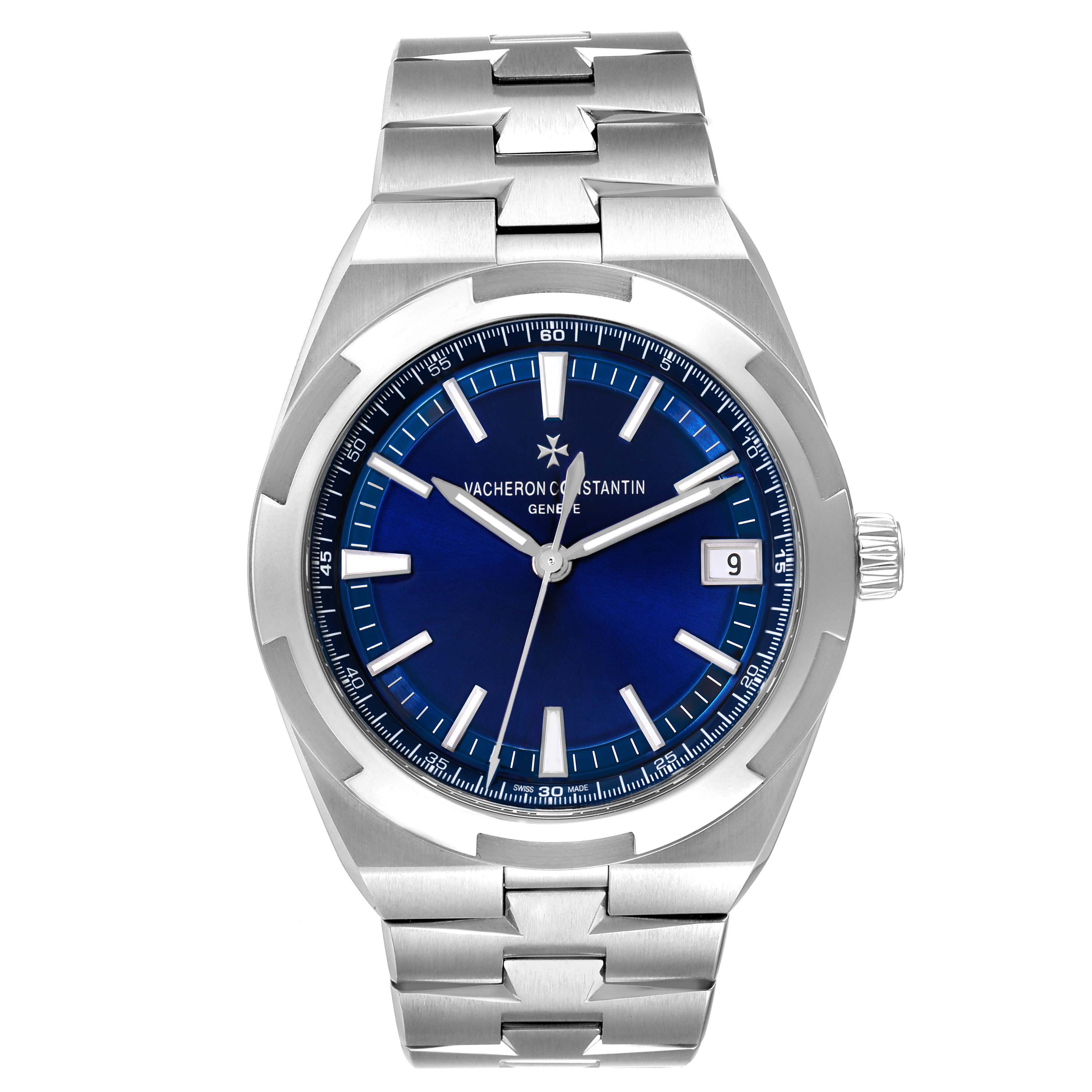 The Vacheron Constantin Overseas 4500V Men's Stainless Steel Blue Dial watch is shown from a front angle, highlighting its blue dial, bezel, and bracelet.