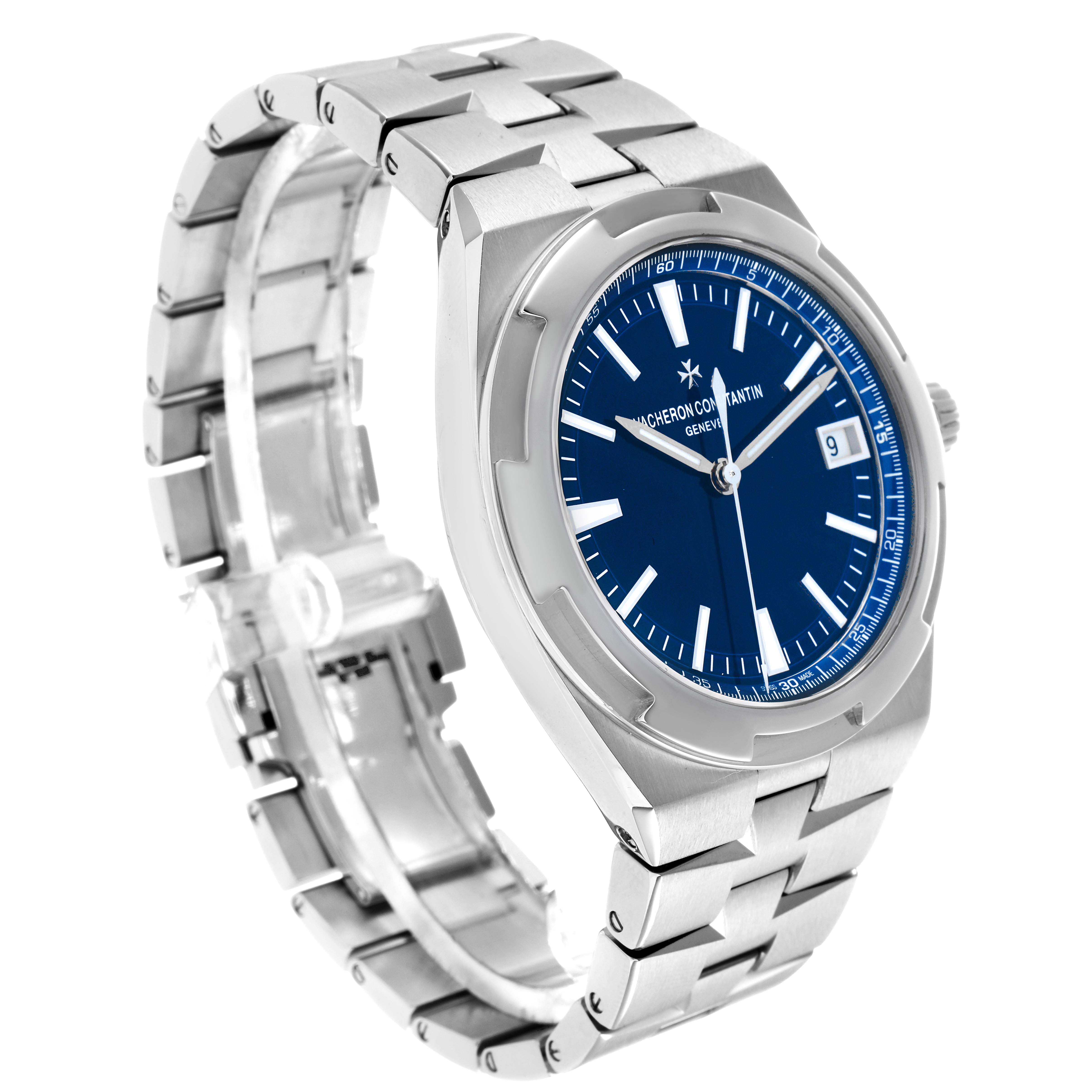 The Vacheron Constantin Overseas 4500V Men's Stainless Steel Blue Dial watch is shown at a three-quarter angle, highlighting the blue dial, case, and bracelet.