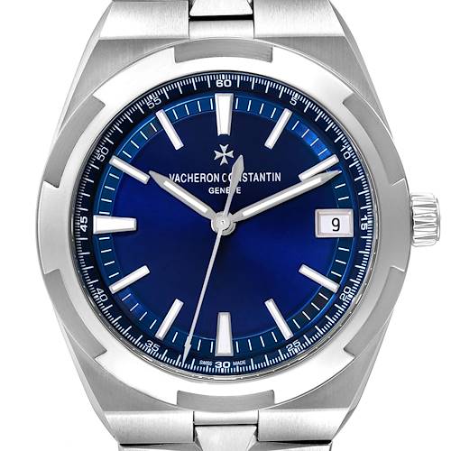 The Vacheron Constantin Overseas 4500V Men
s Stainless Steel Blue Dial watch is shown from the front, highlighting the dial, bezel, and crown.