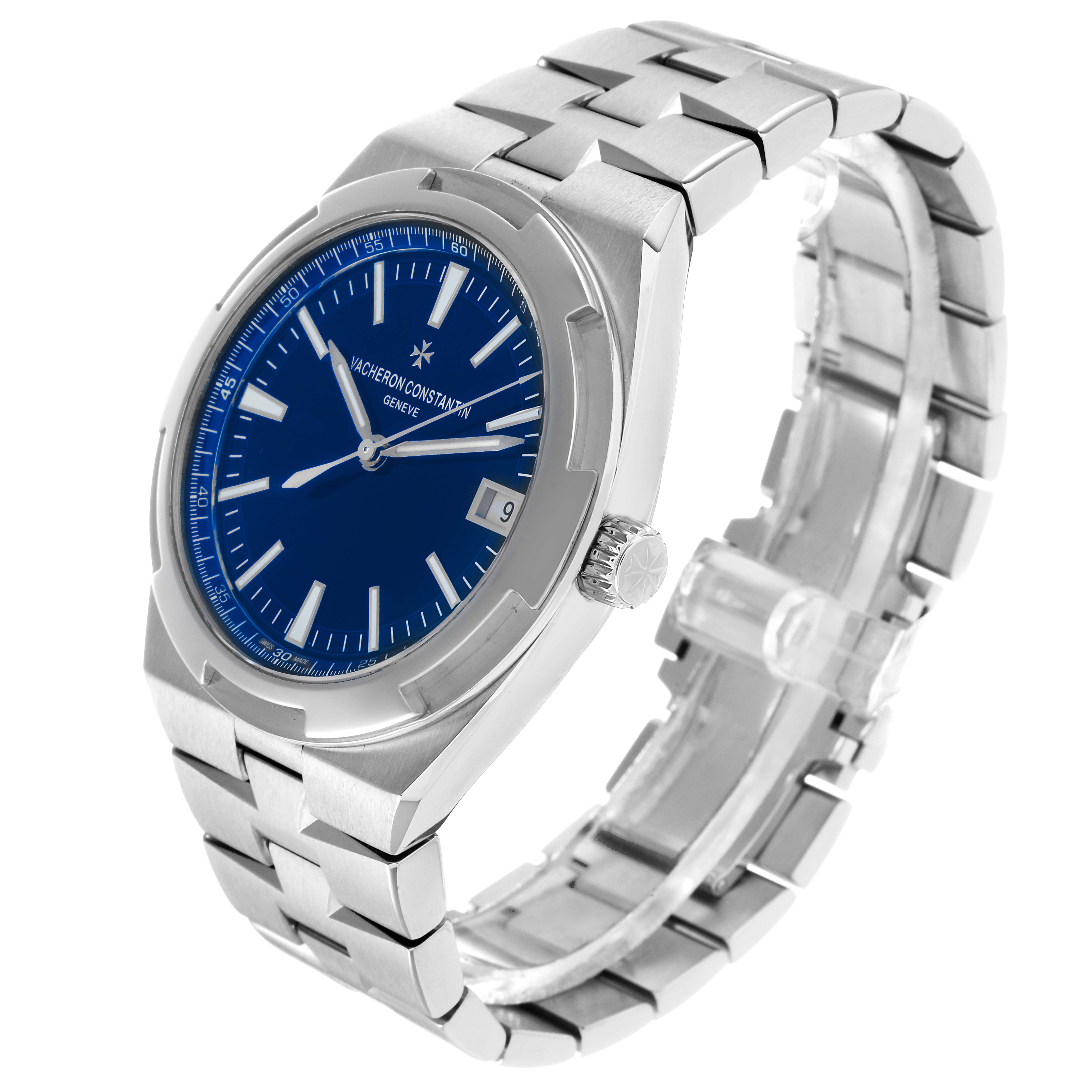 The Vacheron Constantin Overseas 4500V Men's Stainless Steel Blue Dial watch is shown at a three-quarter angle, highlighting the blue dial, bezel, crown, and bracelet.