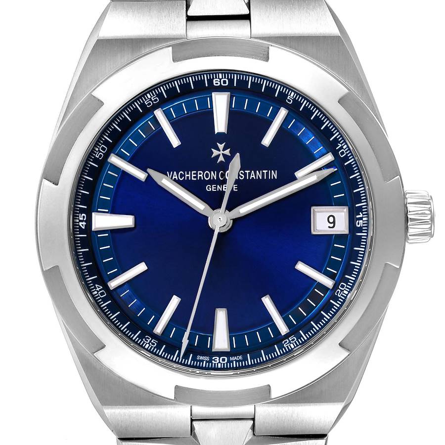 The image shows a frontal view of a Vacheron Constantin Overseas 4500V Men's Stainless Steel Blue Dial watch, highlighting its blue dial, silver hands, and date window.
