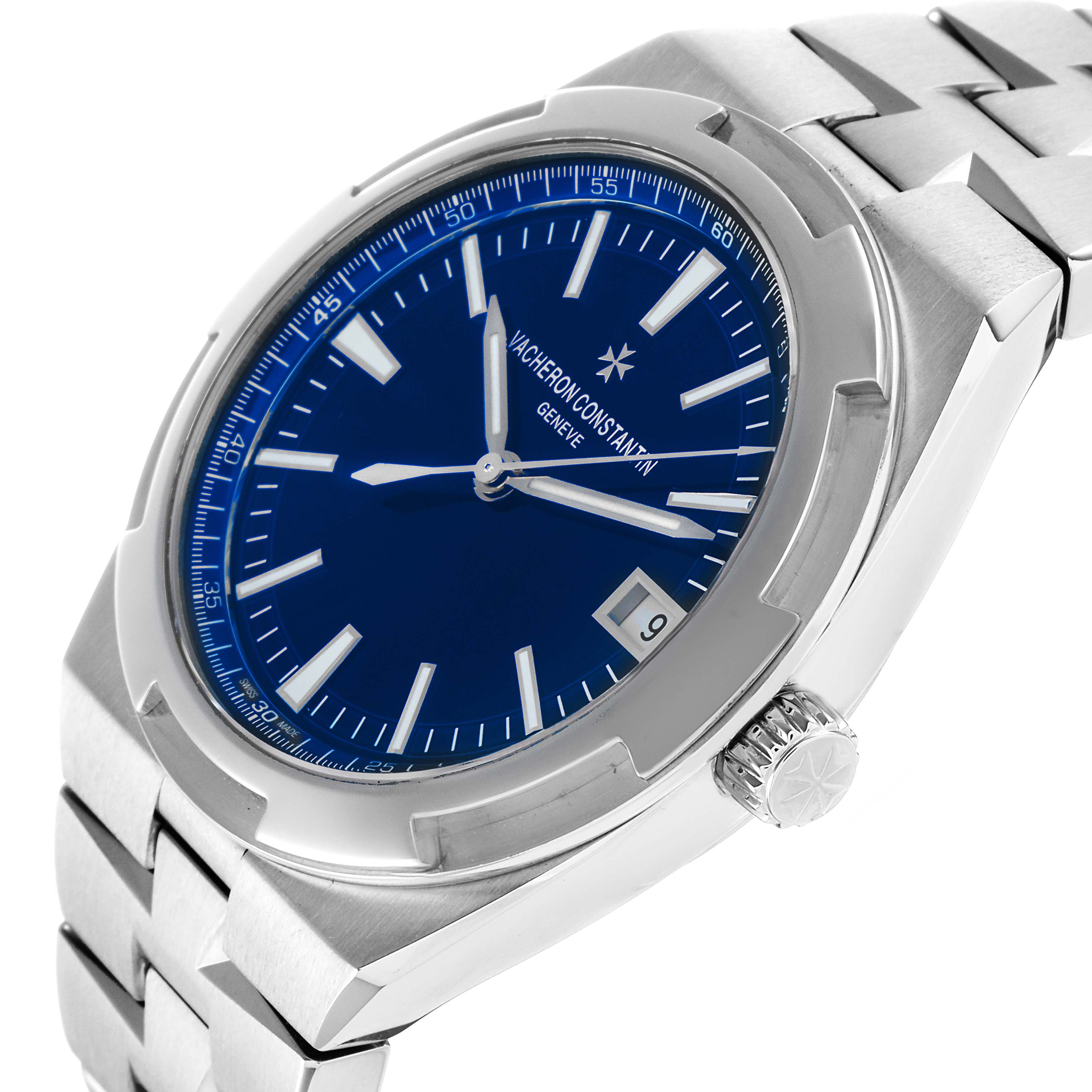 The image shows the Vacheron Constantin Overseas 4500V Men's Stainless Steel Blue Dial model at an angled view highlighting the blue dial, bezel, crown, and bracelet.