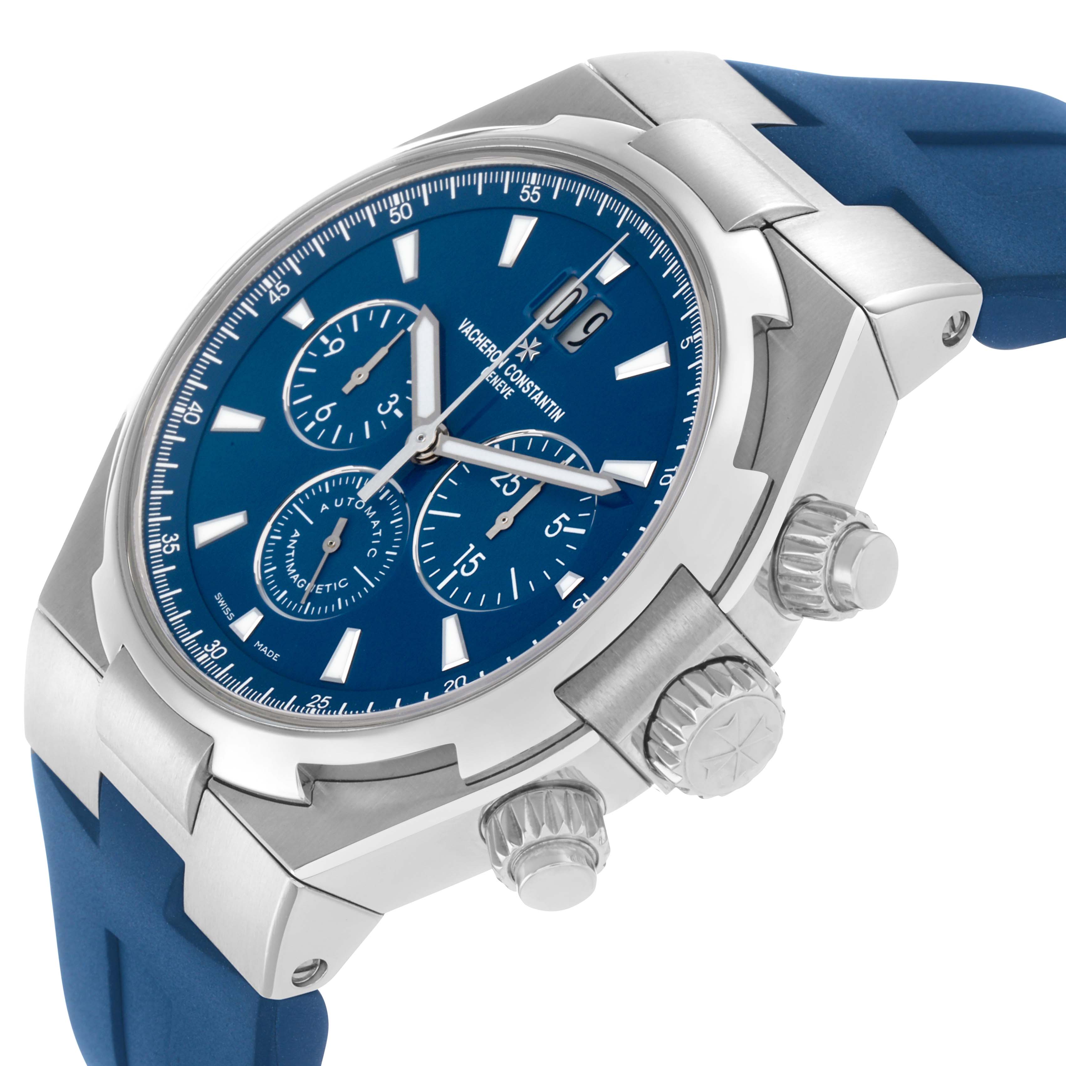 The Vacheron Constantin Overseas 49150 Men's Stainless Steel Blue Dial watch is shown at an angle highlighting the blue dial, chronograph subdials, pushers, and crown.