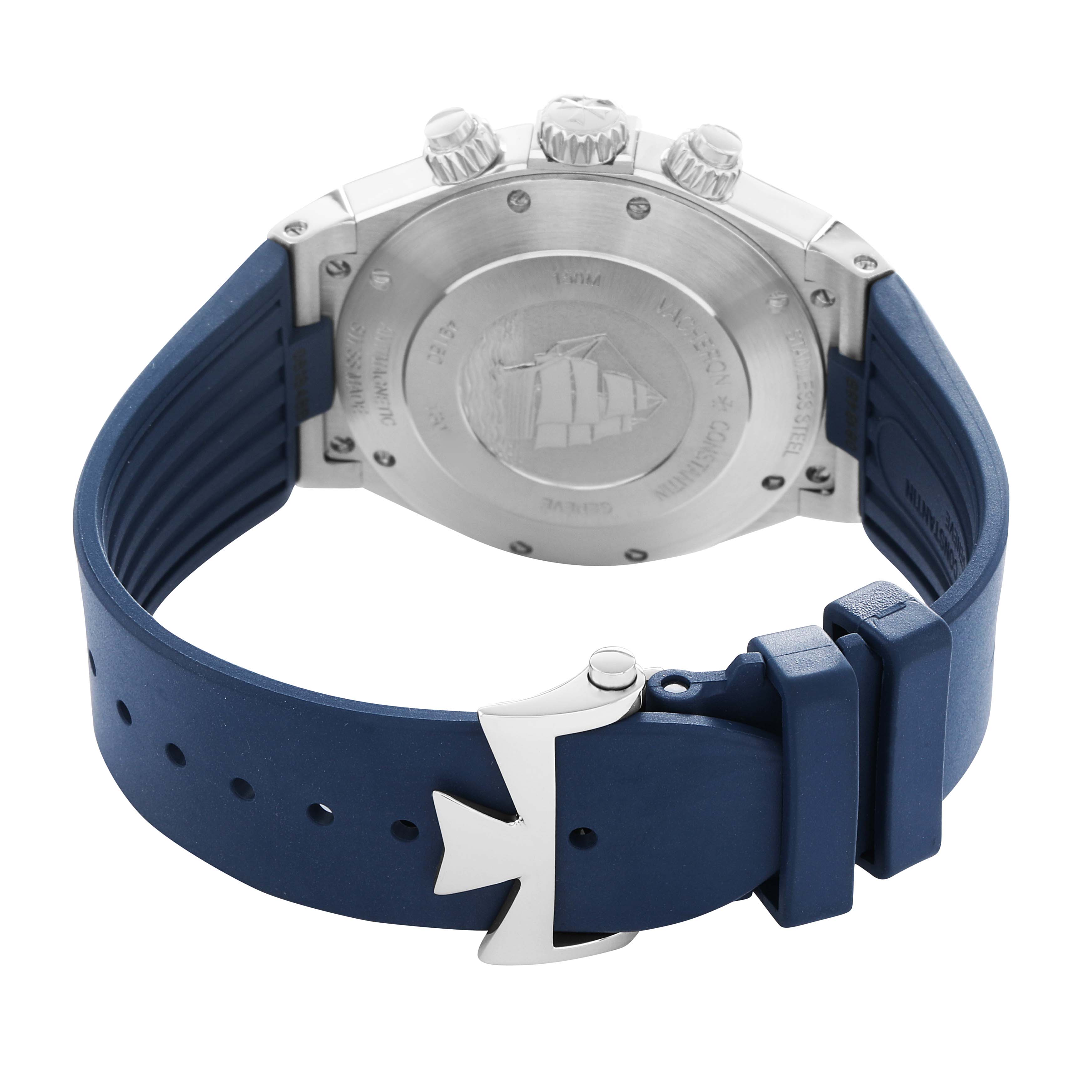 The image shows the back and side of the Vacheron Constantin Overseas 49150 Men's Stainless Steel Blue Dial watch with its blue strap and clasp.
