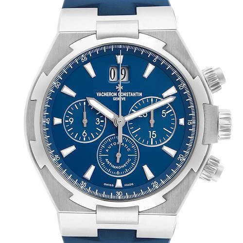 The Vacheron Constantin Overseas 49150 Men
s Stainless Steel Blue Dial watch is shown from the front, featuring its blue dial, chronograph subdials, and pushers.