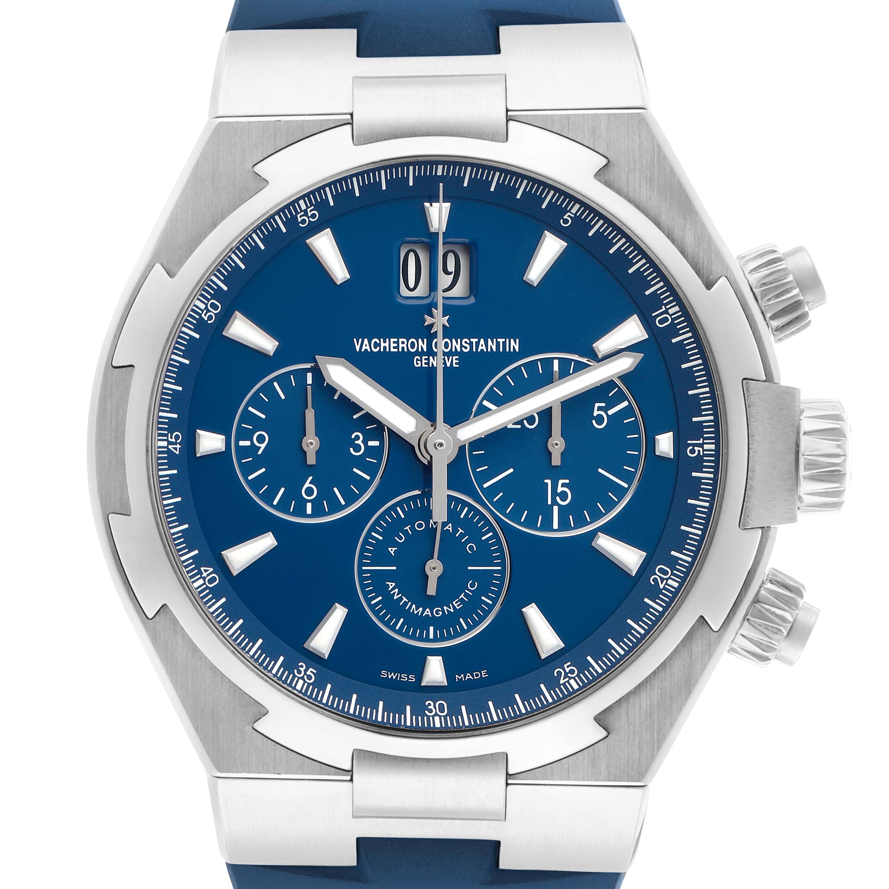 The image shows a front view of the Vacheron Constantin Overseas 49150 Men's Stainless Steel Blue Dial watch, highlighting its blue dial, chronograph subdials, and pushers.