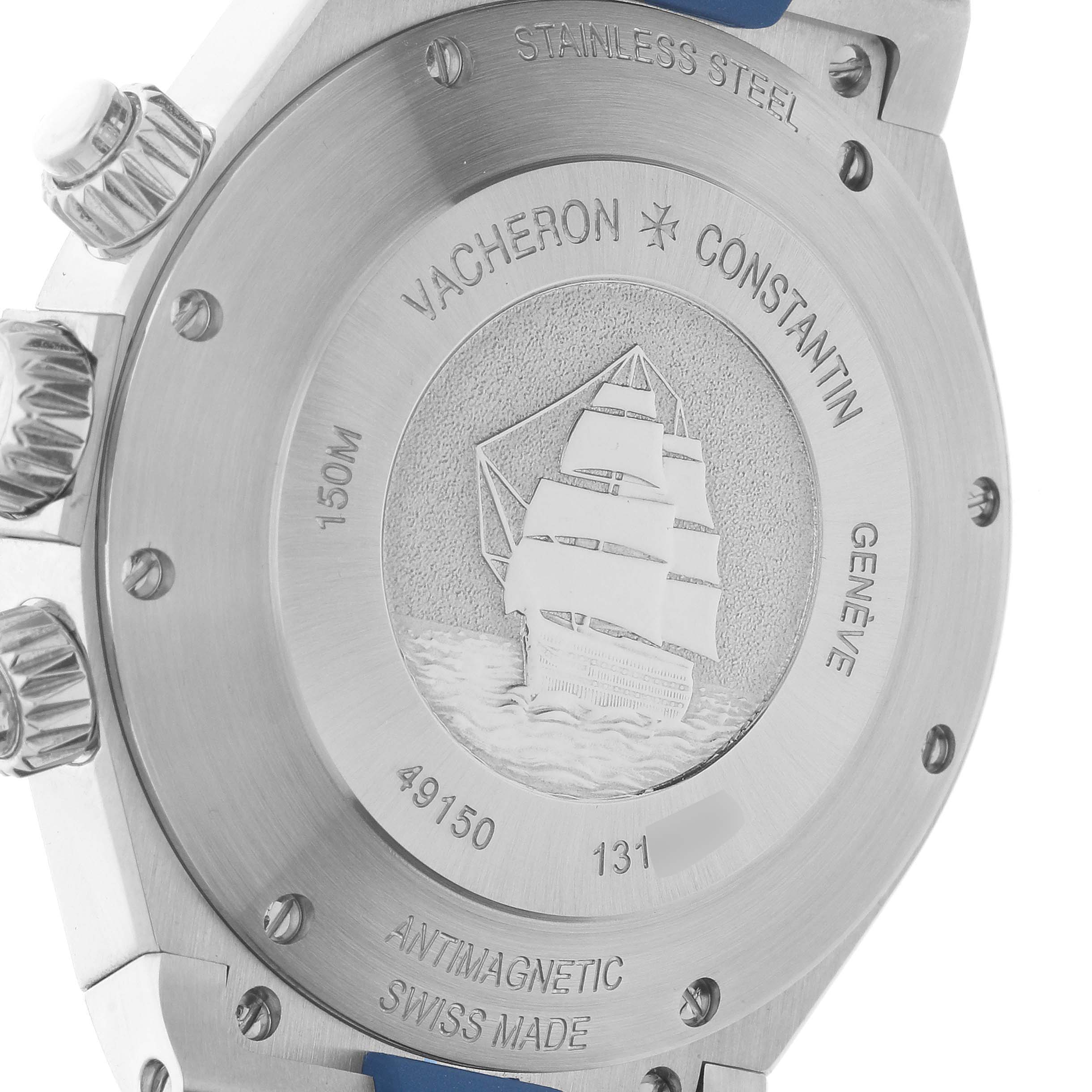 The image shows the back case of a Vacheron Constantin Overseas 49150 Men's Stainless Steel Blue Dial watch, featuring engraved text and a ship design.