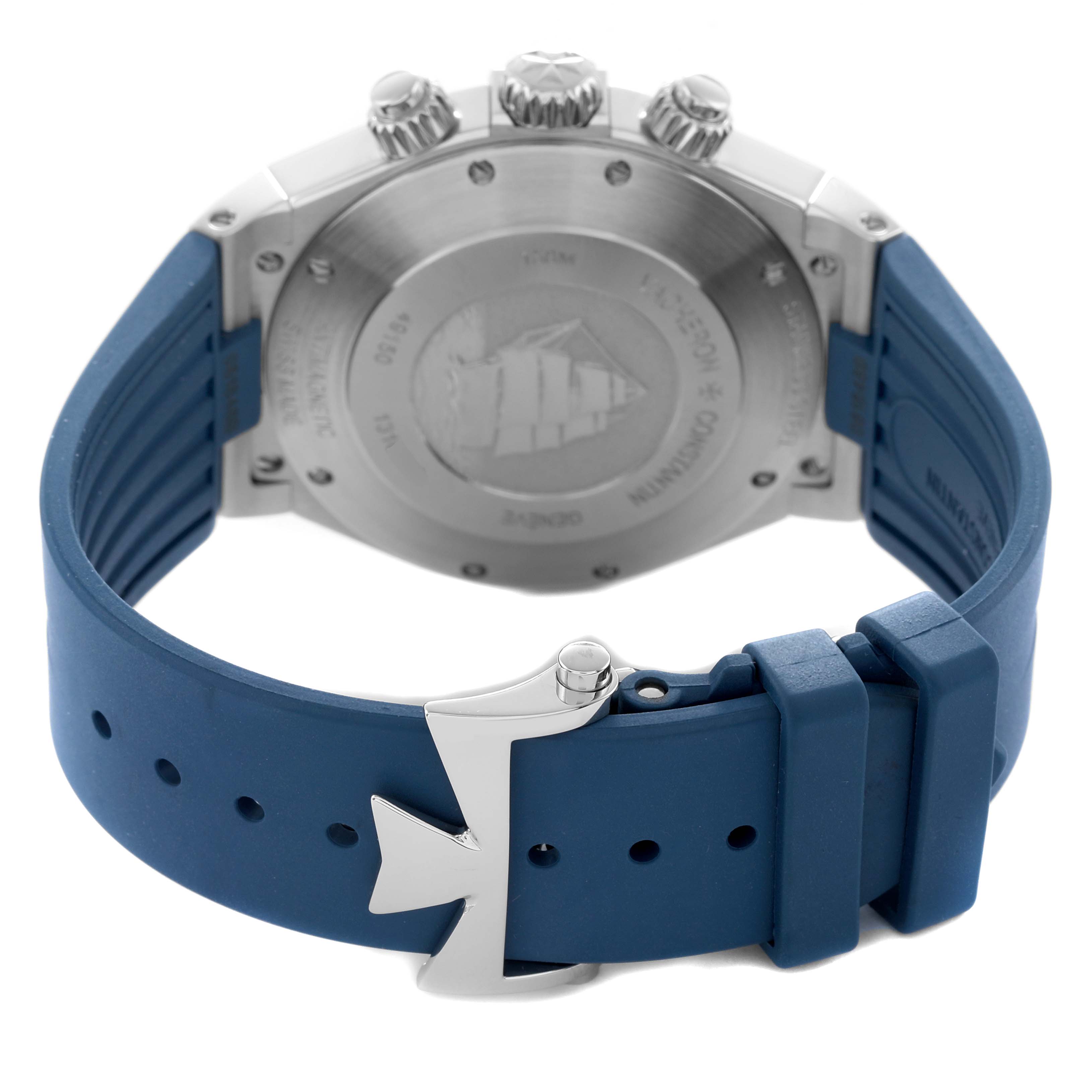 The image shows the back of the Vacheron Constantin Overseas 49150 Men's Stainless Steel Blue Dial watch, highlighting the case back, crown, and blue strap.