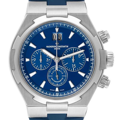 The Vacheron Constantin Overseas 49150 Men
s Stainless Steel Blue Dial watch is shown from the front, highlighting its blue dial, subdials, crown, and pushers.