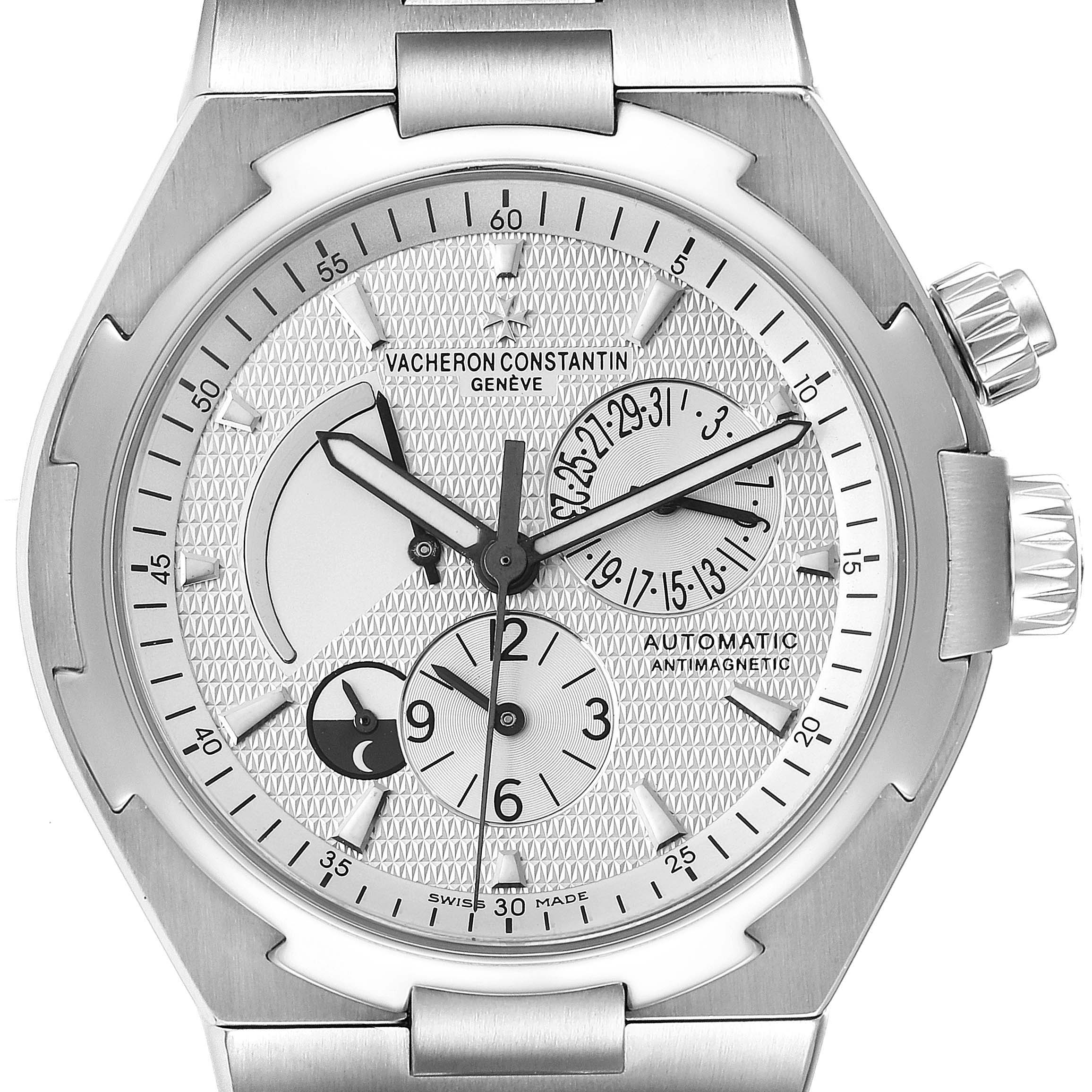 The image shows a front view of the Vacheron Constantin Overseas 47450/B01A-9226 Men
s Stainless Steel Silver Dial 47450/B01A-9226 Men
s Stainless Steel Silver Dial model, highlighting its dial, hands, subdials, and crown.