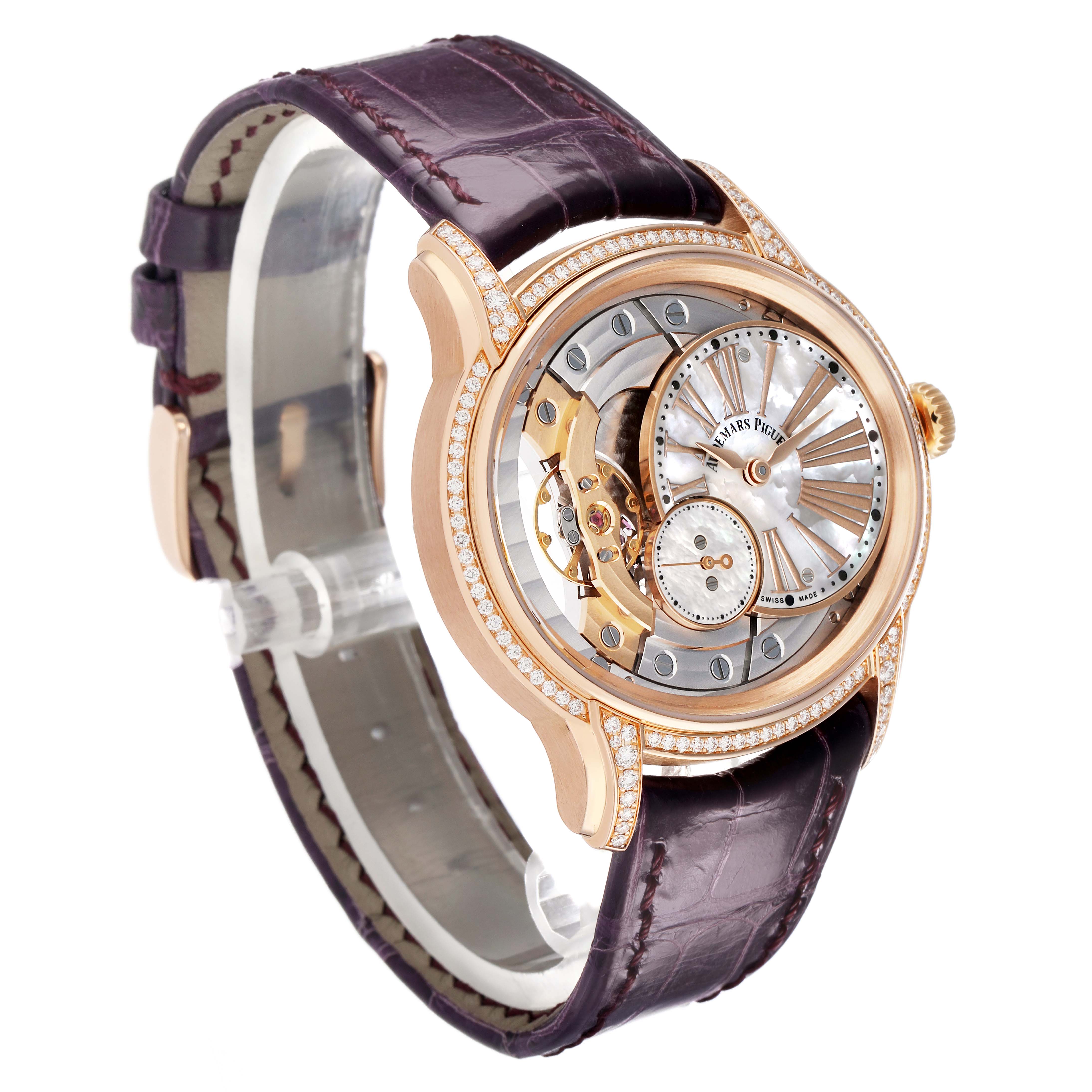 The Audemars Piguet Millenary 77247OR Women's Rose Gold Mother of Pearl Dial watch is shown at an angle highlighting its face, bezel, crown, and partially visible strap.