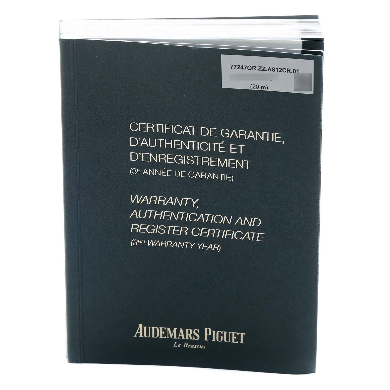 The image shows a warranty and authentication certificate booklet for an Audemars Piguet Millenary 77247OR Women's Rose Gold Mother of Pearl Dial watch.