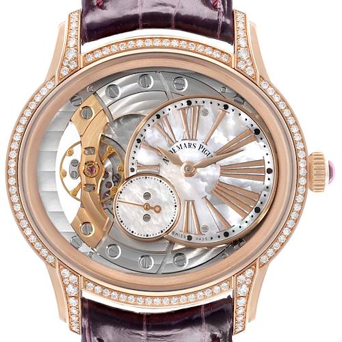 The Audemars Piguet Millenary 77247OR Women's Rose Gold Mother of Pearl Dial watch is shown from a top-down angle, highlighting its open-worked design, Roman numeral dial, and diamond-set bezel.