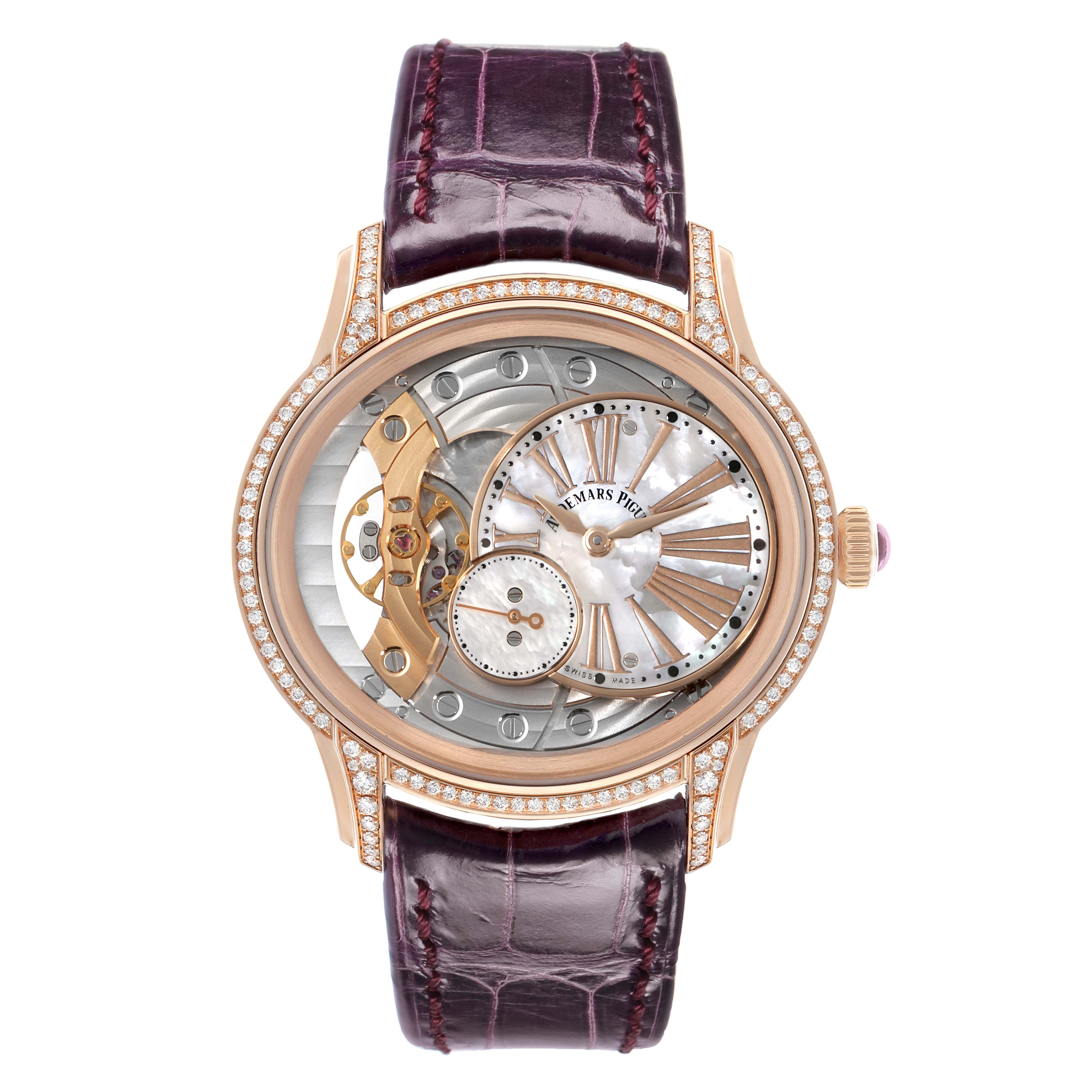 The Audemars Piguet Millenary 77247OR Women's Rose Gold Mother of Pearl Dial watch is shown from a front angle, featuring its dial, visible mechanics, and leather strap.
