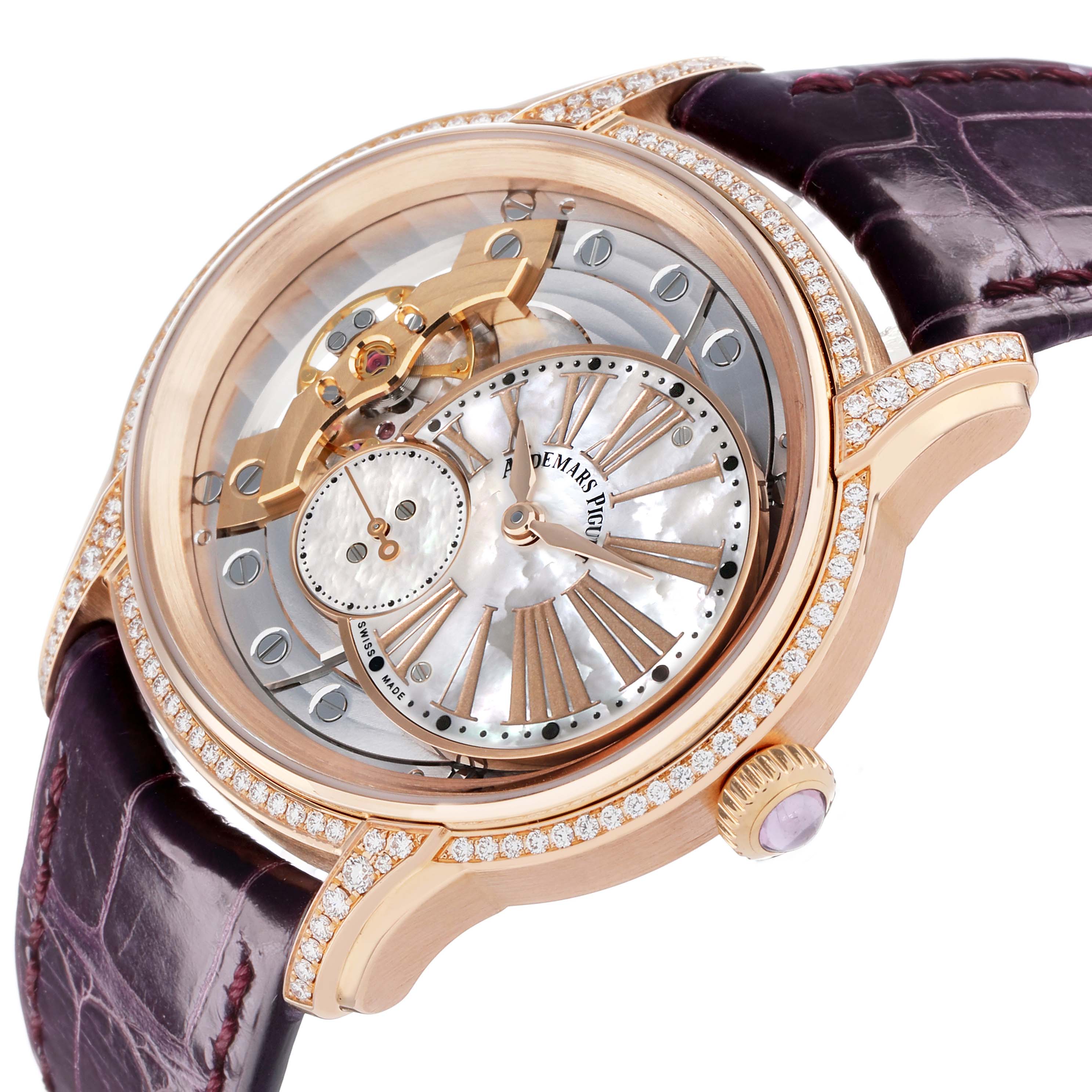 The Audemars Piguet Millenary 77247OR Women's Rose Gold Mother of Pearl Dial watch is shown at an angle highlighting its open-worked dial, roman numerals, and diamond-set case.