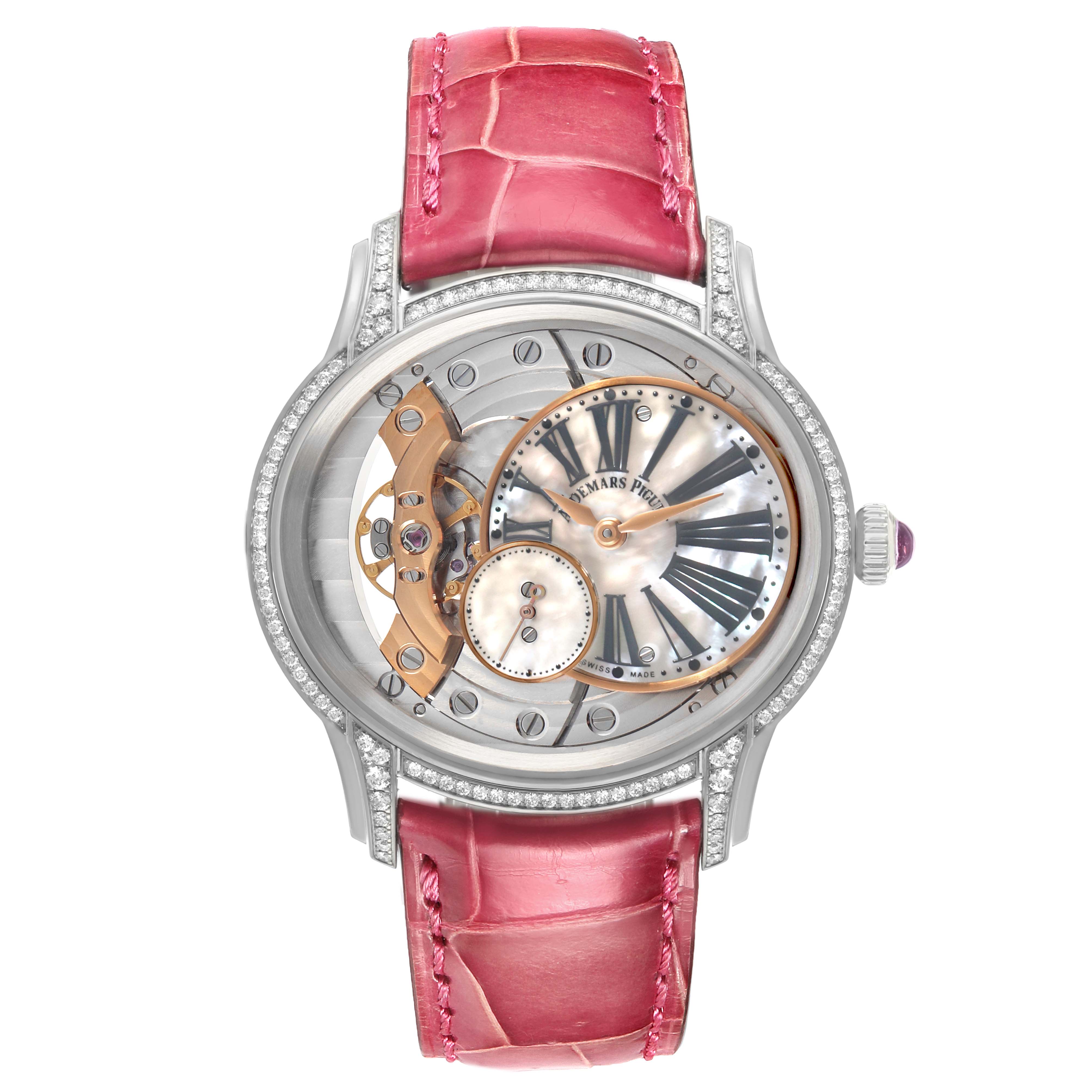 The Audemars Piguet Millenary 77247BC Women's White Gold Mother of Pearl Dial watch is shown from a top view, highlighting its pink strap, open dial, and diamond-set bezel.