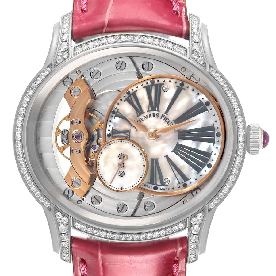 The Audemars Piguet Millenary 77247BC Women's White Gold Mother of Pearl Dial watch is shown from a front angle, highlighting its intricate dial and movement, pink strap, and diamond accents.