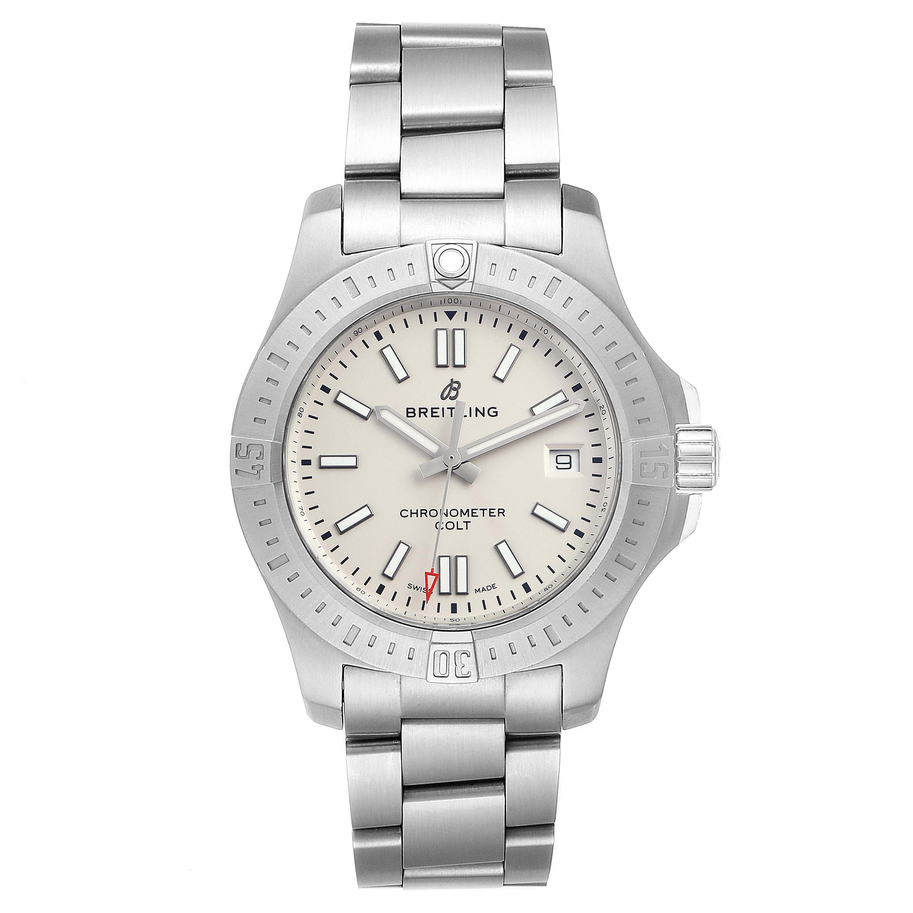 This is a front view of the Breitling Colt A17313 Men's Stainless Steel White Dial A17313 Men's Stainless Steel White Dial watch, displaying its dial, bezel, crown, and metal bracelet.