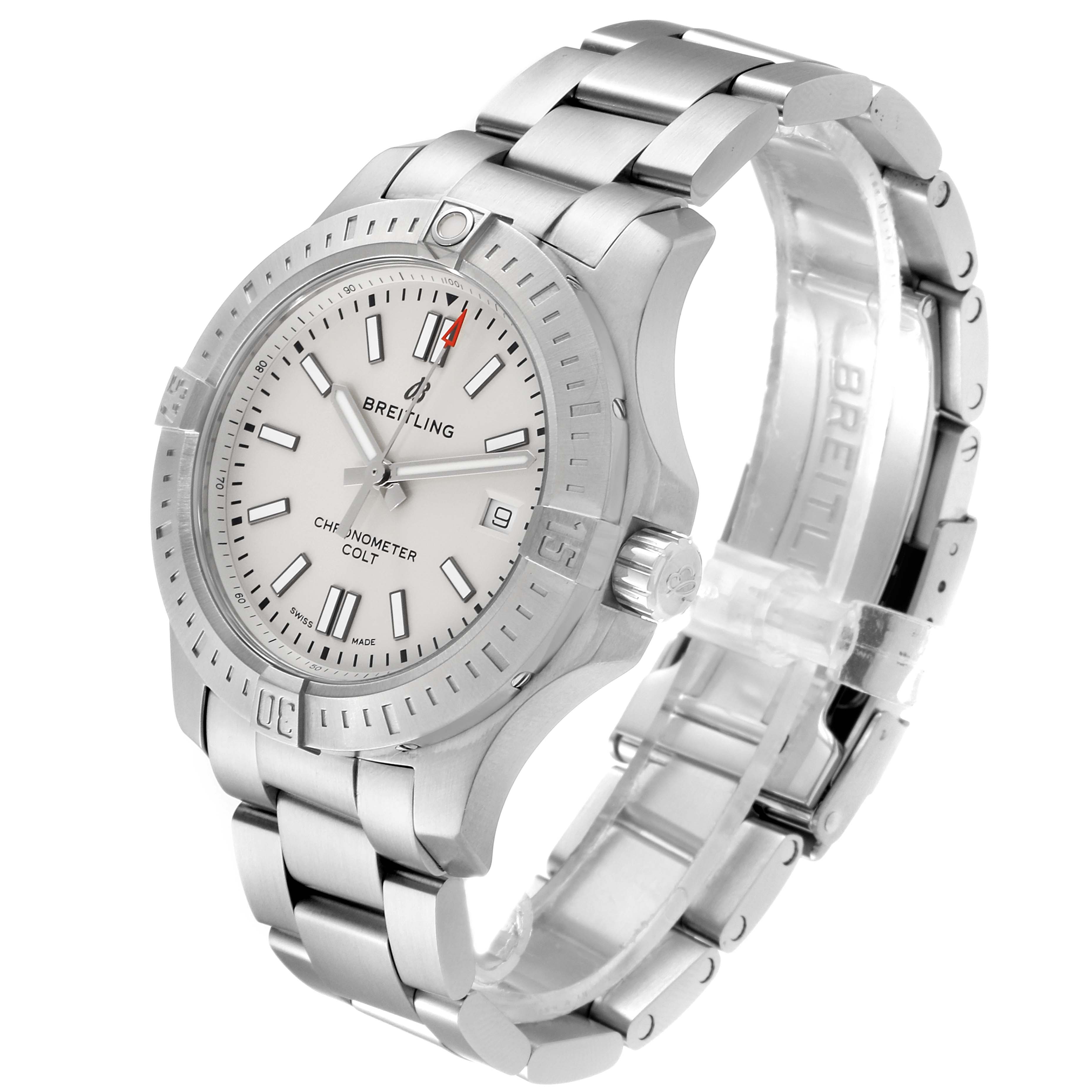 This image shows a side-angle view of the Breitling Colt A17313 Men's Stainless Steel White Dial A17313 Men's Stainless Steel White Dial watch, detailing its face, bezel, and metal bracelet.