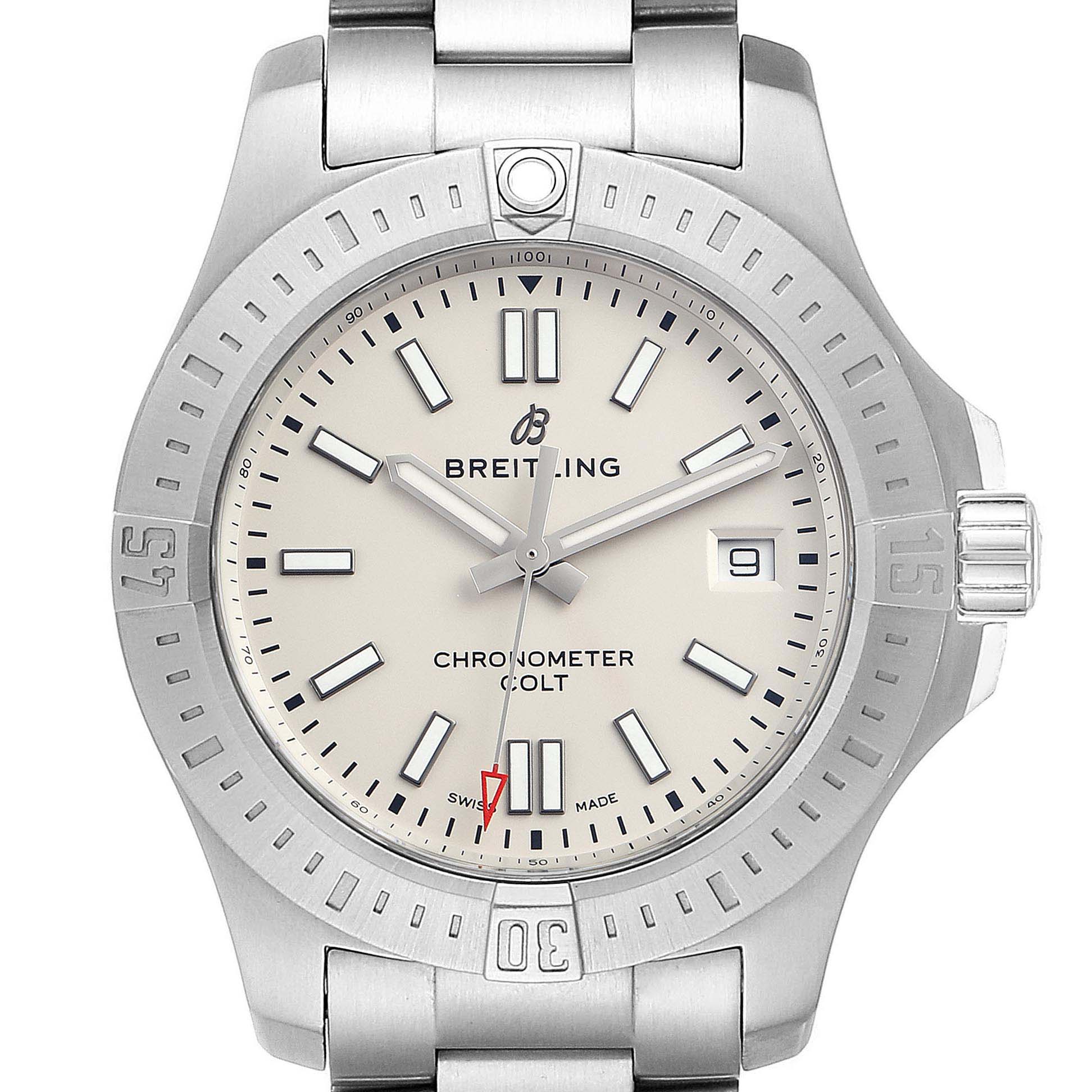 This image shows a front view of a Breitling Colt A17313 Men's Stainless Steel White Dial A17313 Men's Stainless Steel White Dial watch, featuring its bezel, dial, hands, and bracelet.
