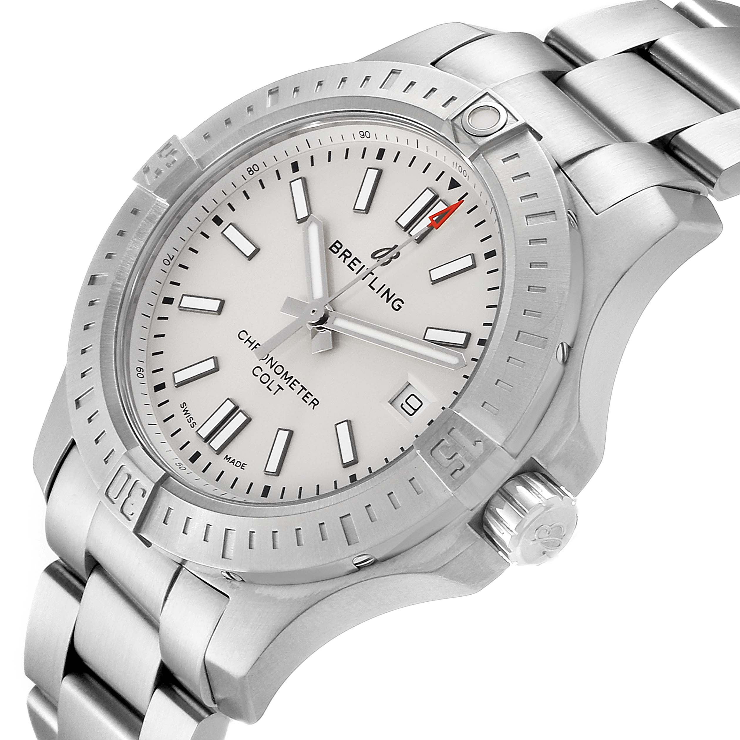 The image shows a Breitling Colt A17313 Men's Stainless Steel White Dial A17313 Men's Stainless Steel White Dial watch at a slight angle, highlighting the face, bezel, and part of the metal bracelet.