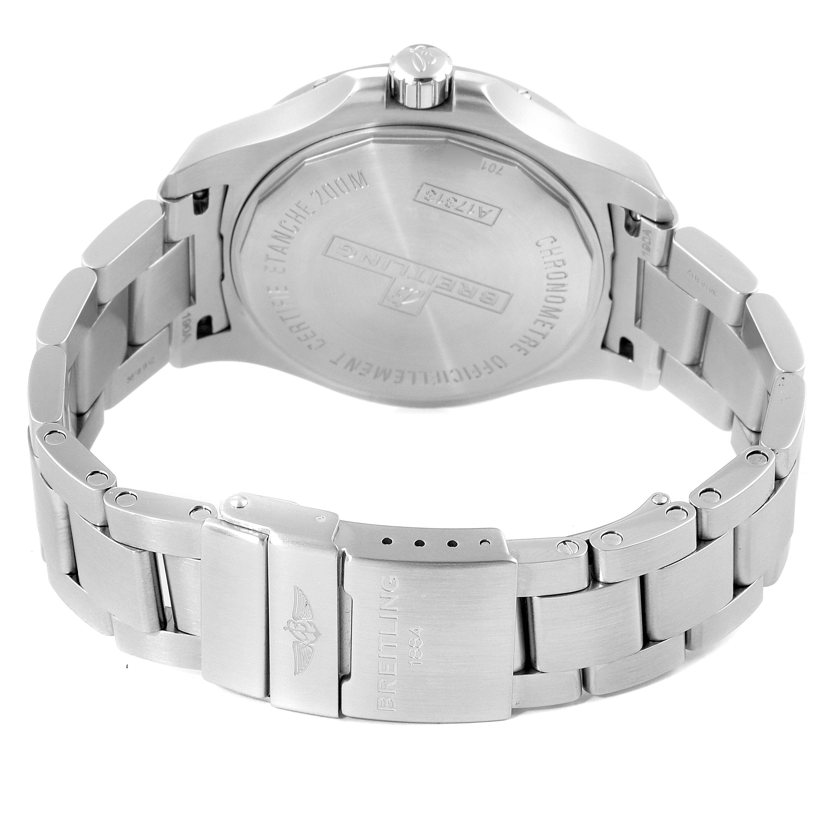 The image shows the back case and bracelet of the Breitling Colt A17313 Men's Stainless Steel White Dial A17313 Men's Stainless Steel White Dial watch, highlighting the clasp and engraved details.