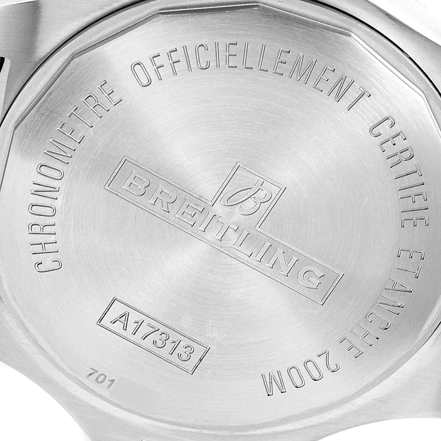 The image shows the back case of a Breitling Colt A17313 Men's Stainless Steel White Dial A17313 Men's Stainless Steel White Dial model watch, including the branding and model information.