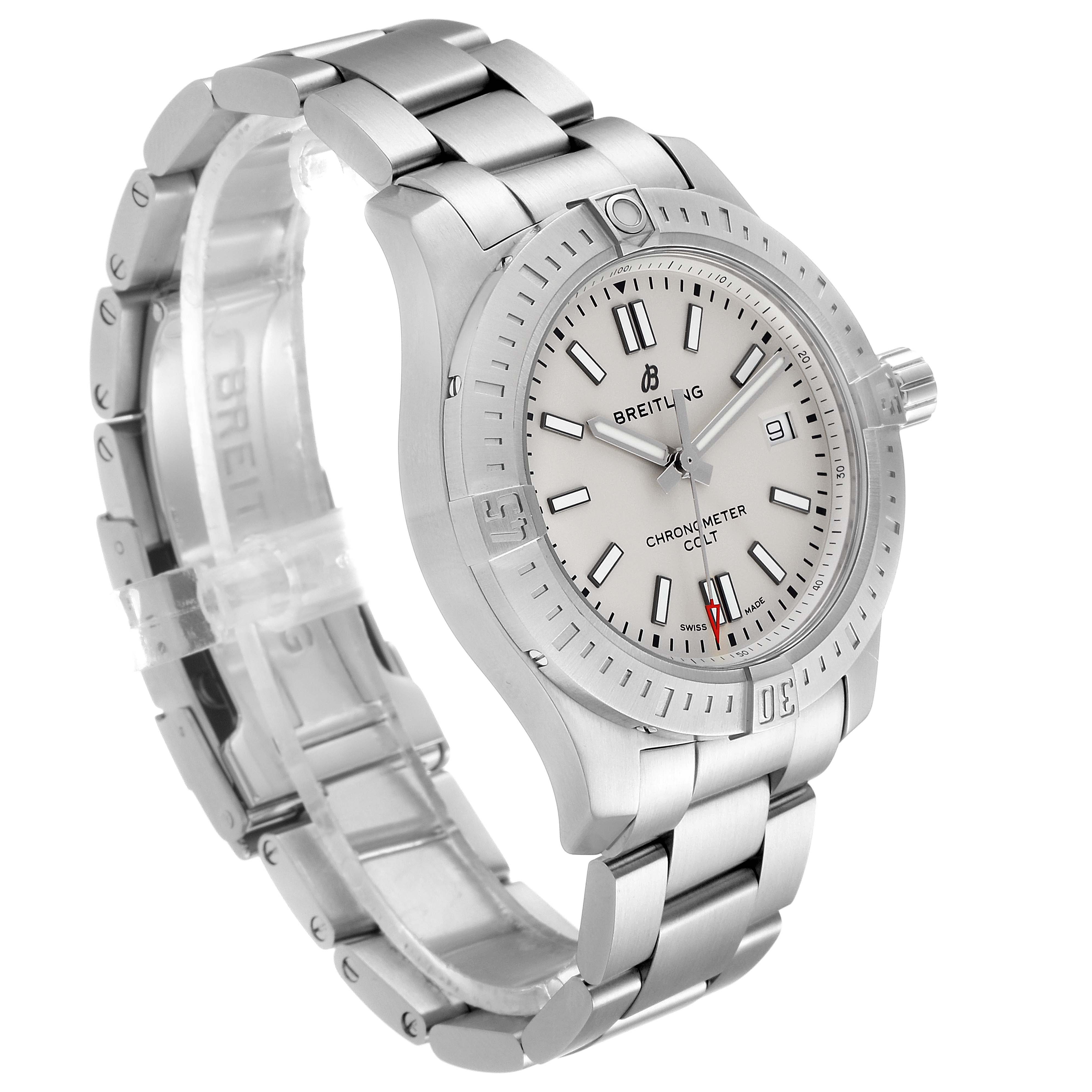 The image shows a Breitling Colt A17313 Men's Stainless Steel White Dial A17313 Men's Stainless Steel White Dial watch at an oblique angle highlighting its dial, bezel, and metal bracelet.