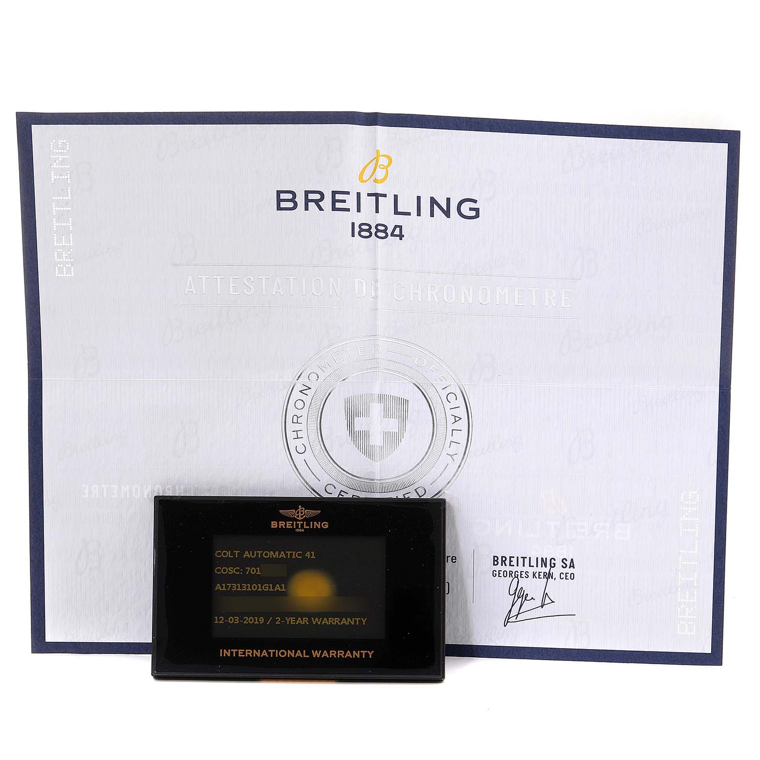 The image shows warranty documentation and a verification card for the Breitling Colt A17313 Men's Stainless Steel White Dial A17313 Men's Stainless Steel White Dial Automatic 41 model, photographed from the front.