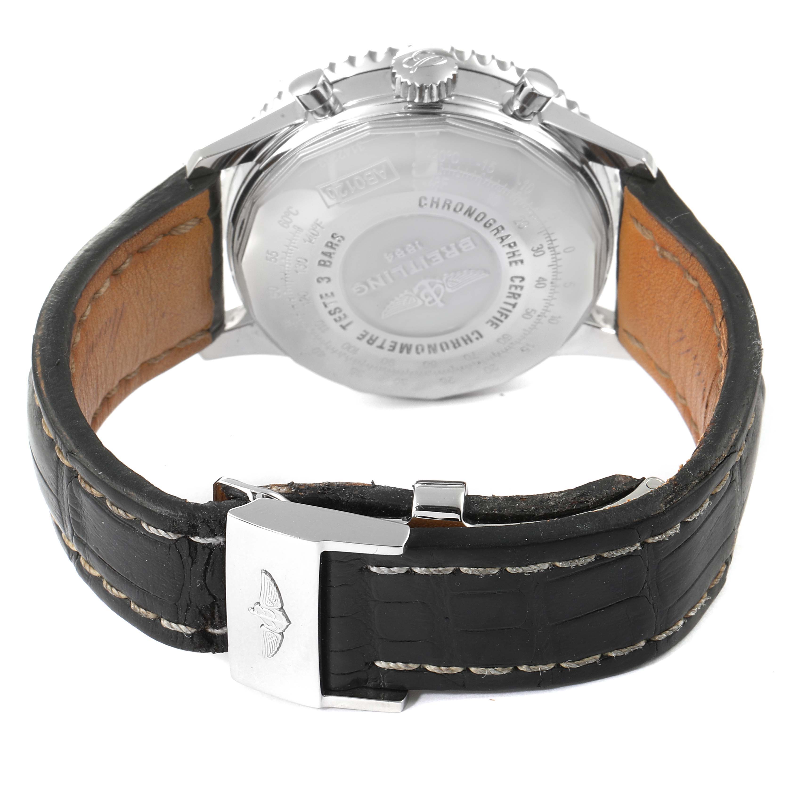 The image shows the back case, leather strap, and buckle of the Breitling Navitimer AB0120 Men's Stainless Steel Black Dial AB0120 Men's Stainless Steel Black Dial watch from a rear angle.