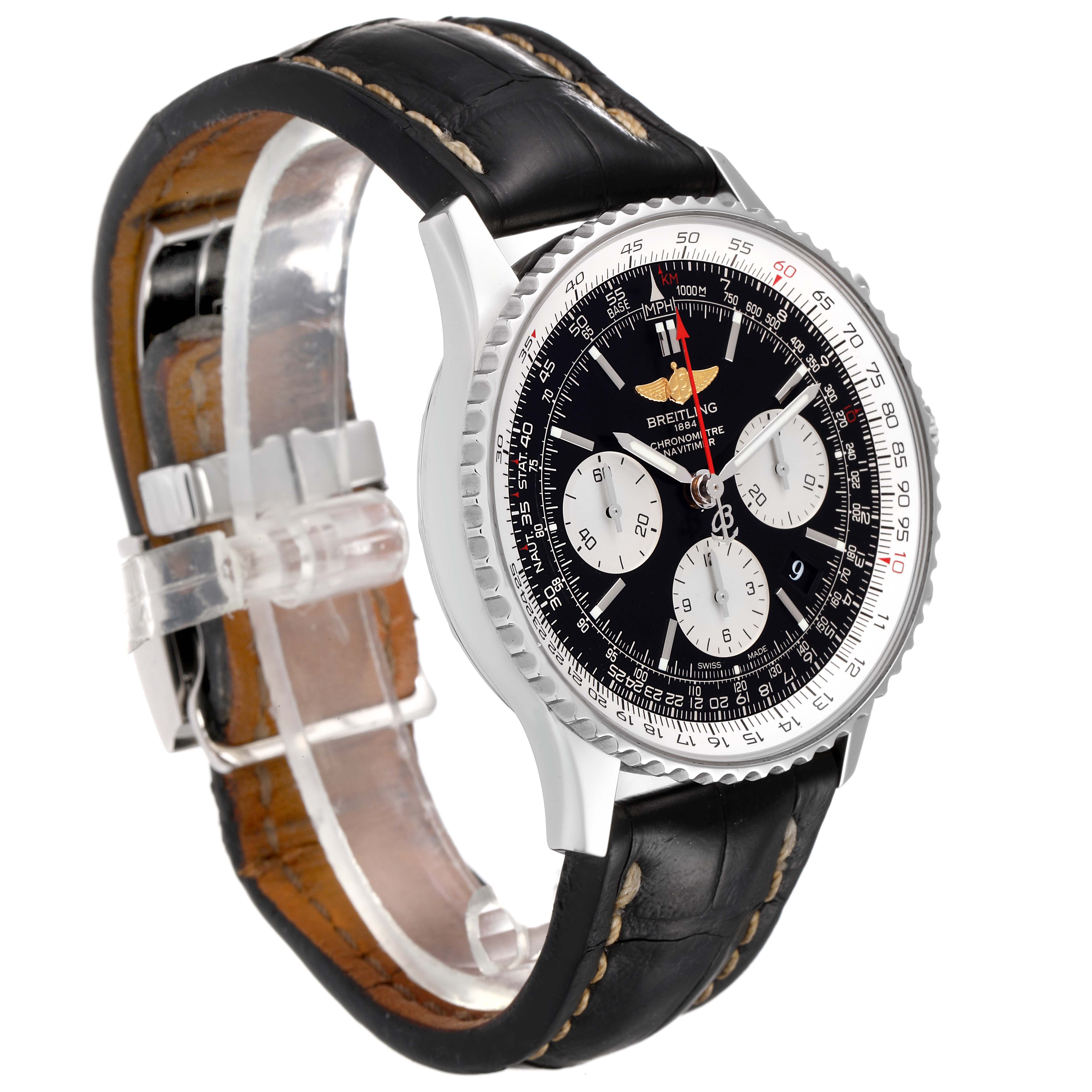 The Breitling Navitimer AB0120 Men's Stainless Steel Black Dial AB0120 Men's Stainless Steel Black Dial watch is shown at an angled side view, highlighting its black strap, silver case, and black dial with three subdials.