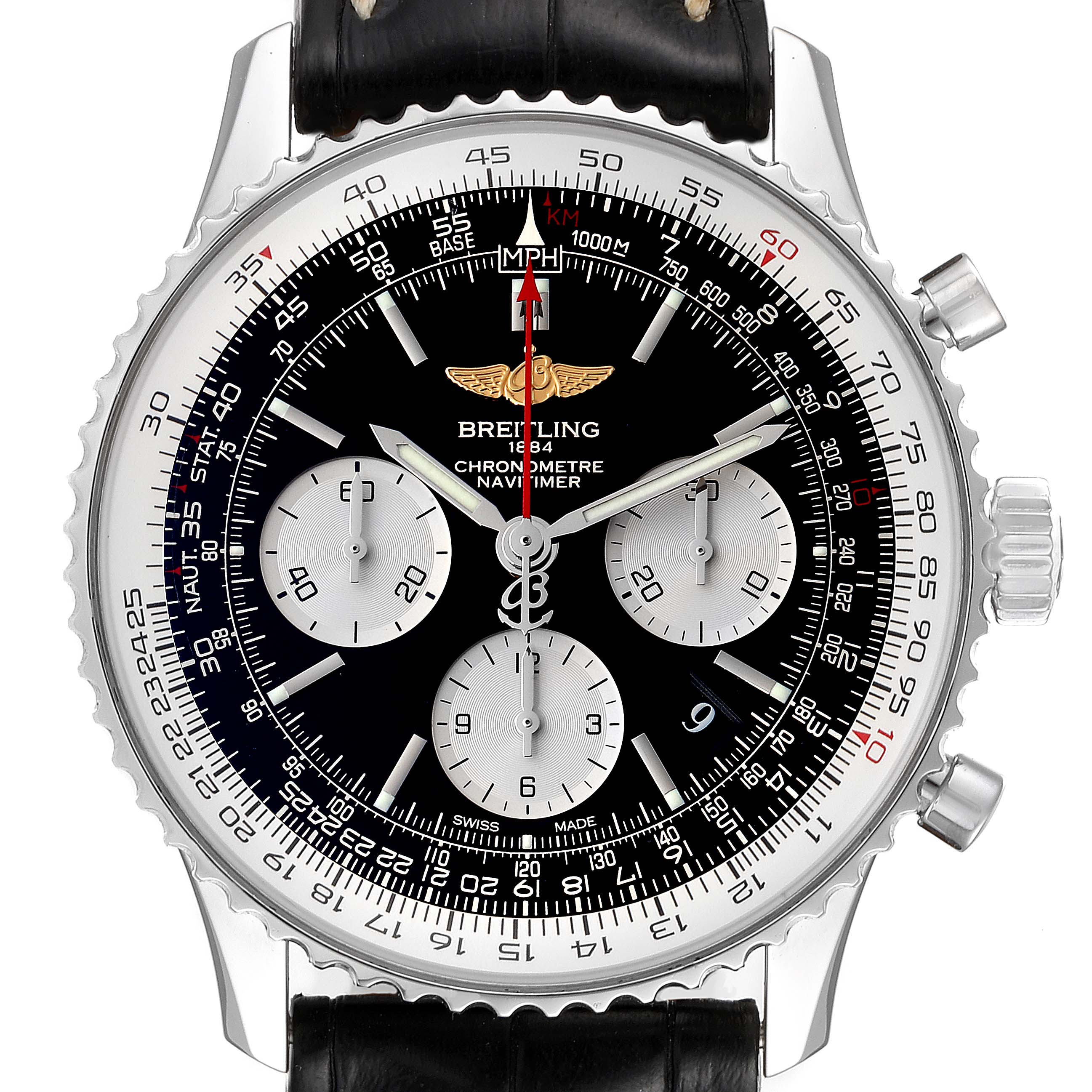 The image shows a close-up front view of a Breitling Navitimer AB0120 Men's Stainless Steel Black Dial AB0120 Men's Stainless Steel Black Dial watch, displaying its black dial, subdials, and tachymeter scale.
