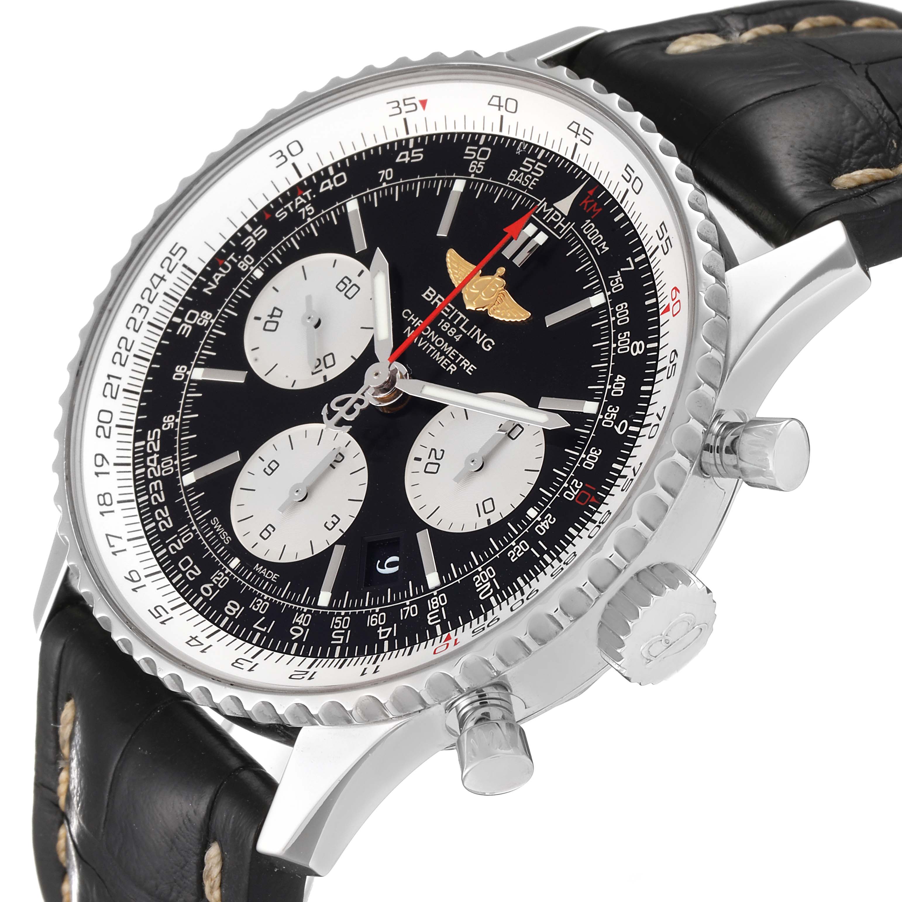 The Breitling Navitimer AB0120 Men's Stainless Steel Black Dial AB0120 Men's Stainless Steel Black Dial watch is shown at a three-quarter angle, highlighting its dial, bezel, pushers, and crown.