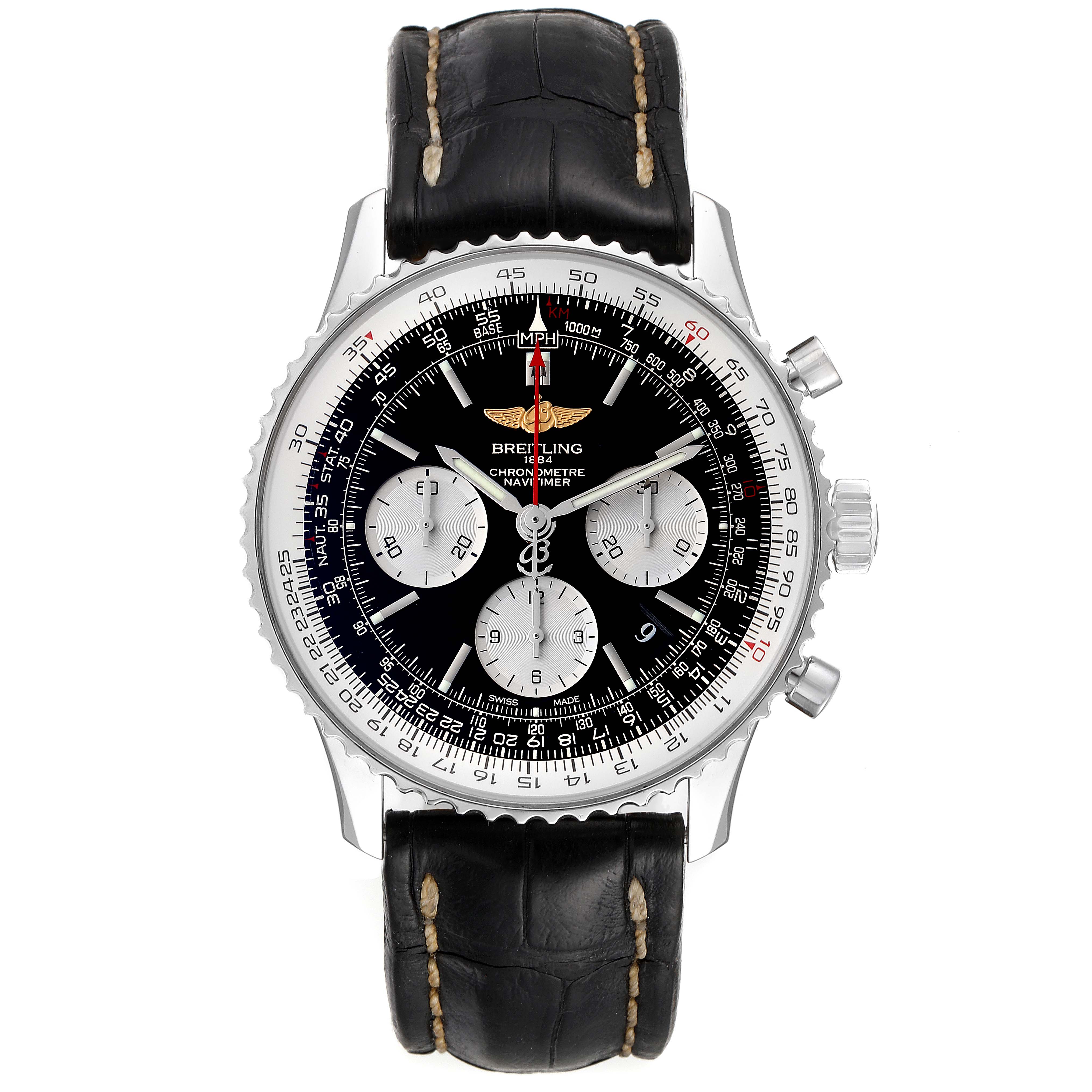 This image shows a front view of a Breitling Navitimer AB0120 Men's Stainless Steel Black Dial AB0120 Men's Stainless Steel Black Dial watch with its dial, bezel, and leather strap clearly visible.