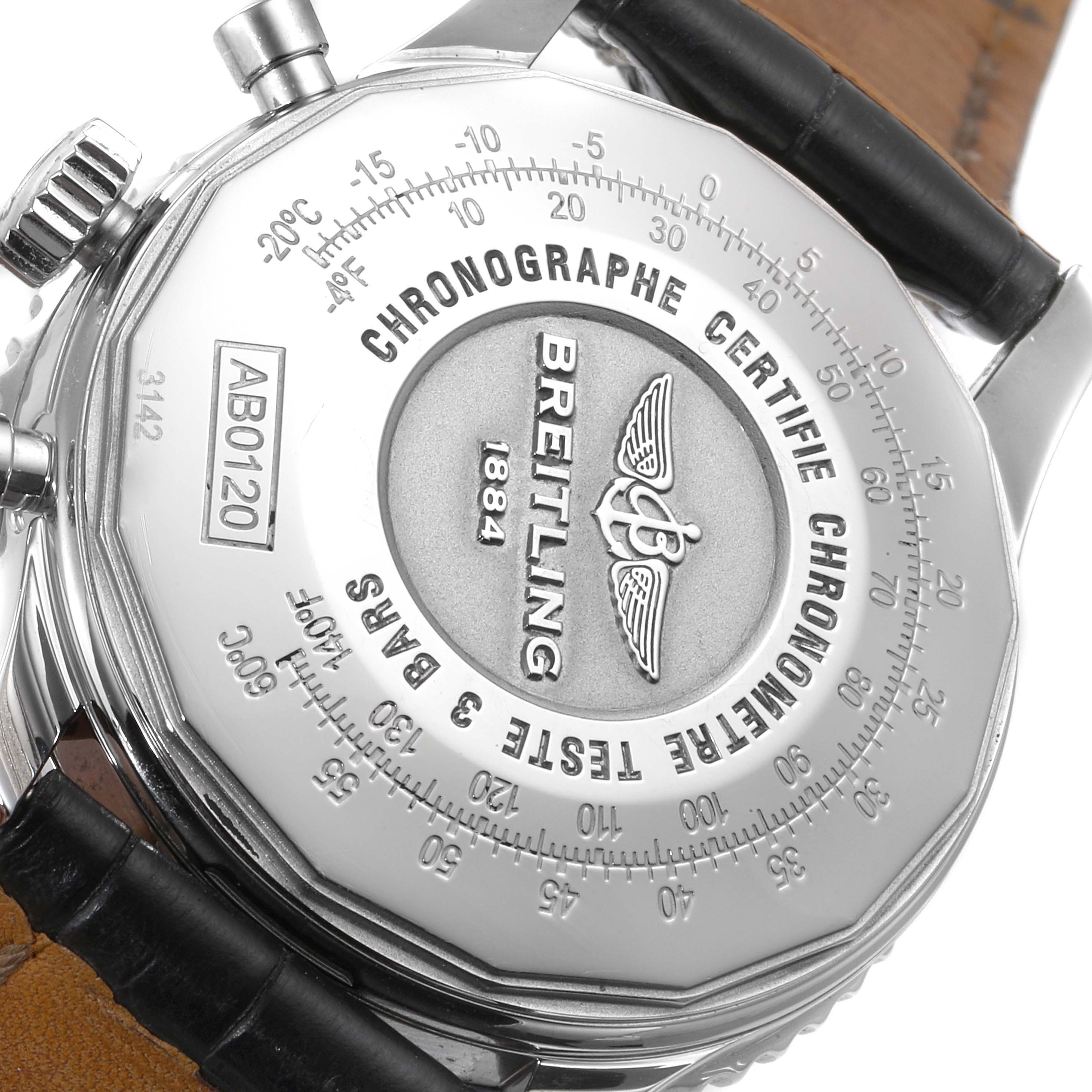 This image shows the back side of a Breitling Navitimer AB0120 Men's Stainless Steel Black Dial AB0120 Men's Stainless Steel Black Dial watch, highlighting the chronometer certification and engraved details.