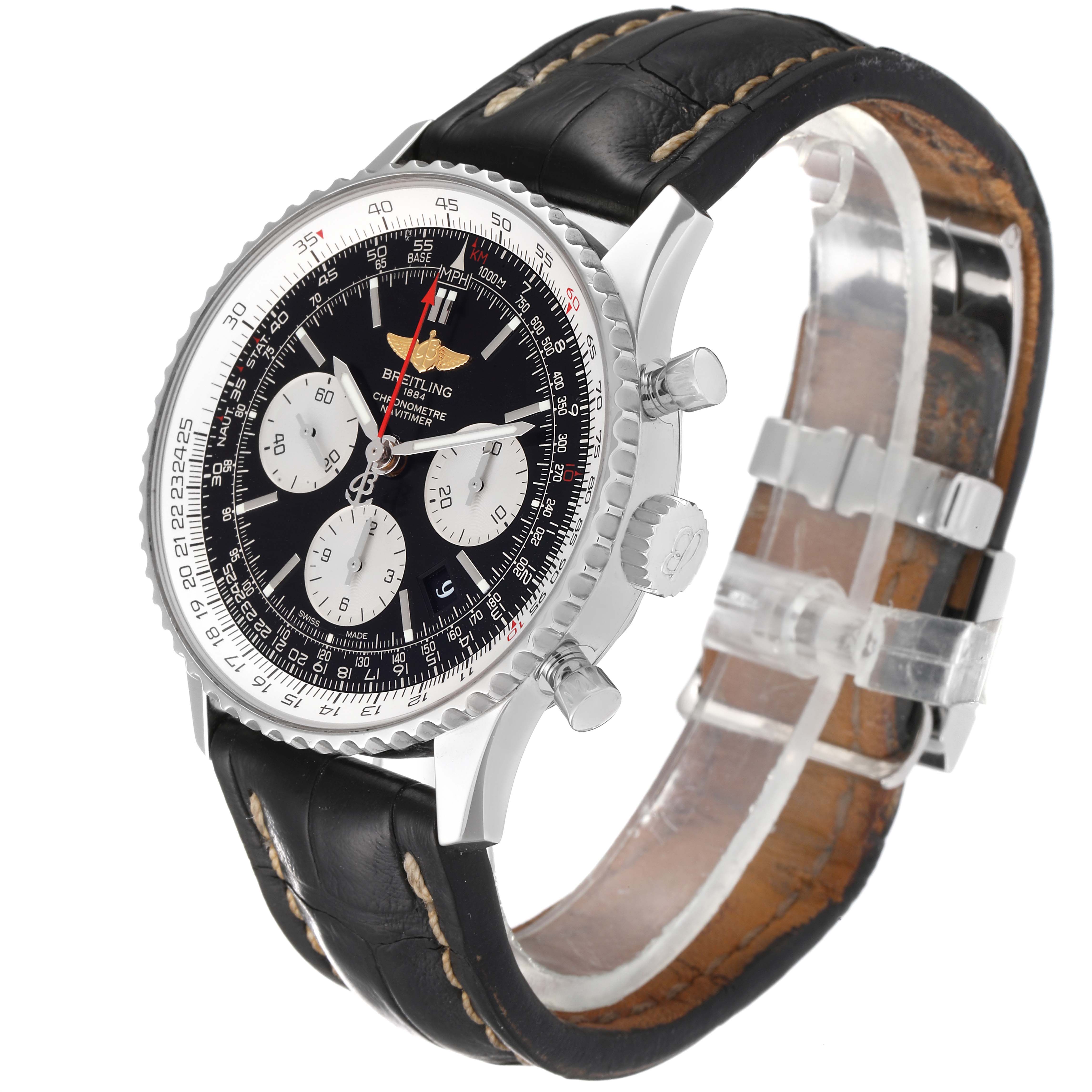 The Breitling Navitimer AB0120 Men's Stainless Steel Black Dial AB0120 Men's Stainless Steel Black Dial watch is shown at a three-quarter angle, highlighting its face, bezel, crown, and leather strap.