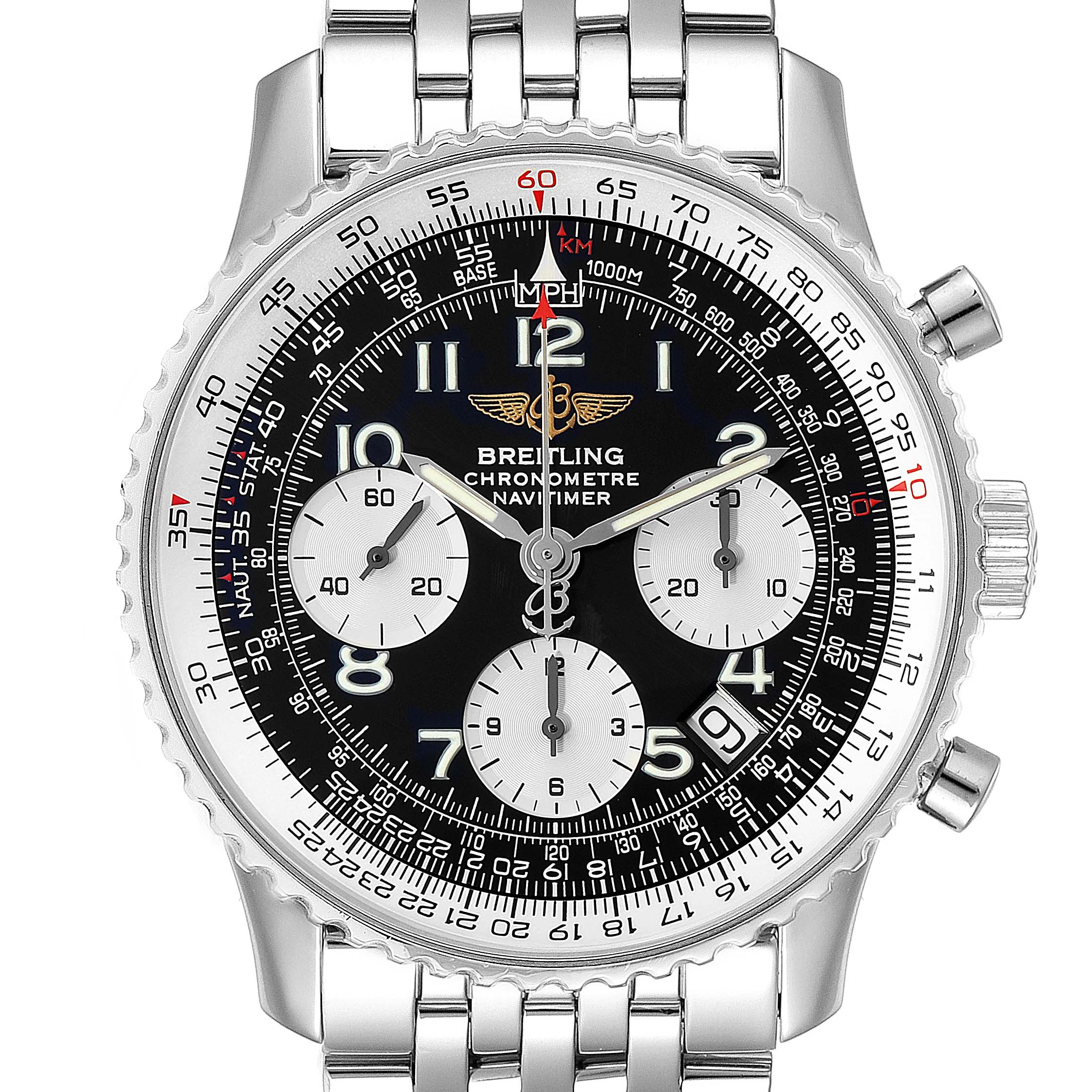 This image shows a front view of the Breitling Navitimer A23322 Men
s Stainless Steel Black Dial A23322 Men
s Stainless Steel Black Dial watch, highlighting its dial, chronograph subdials, and stainless steel bracelet.