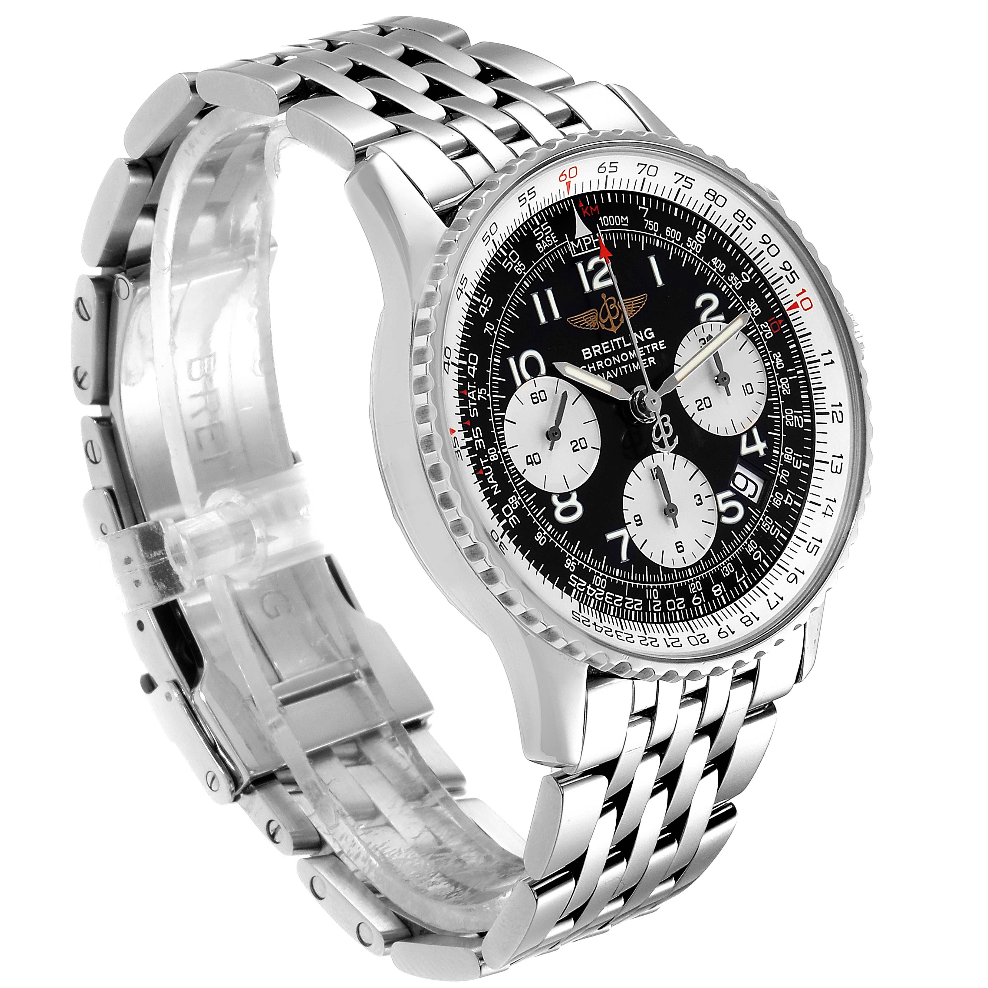 This image shows a side angle view of a Breitling Navitimer A23322 Men
s Stainless Steel Black Dial A23322 Men
s Stainless Steel Black Dial watch, highlighting its dial, bezel, and metal bracelet.