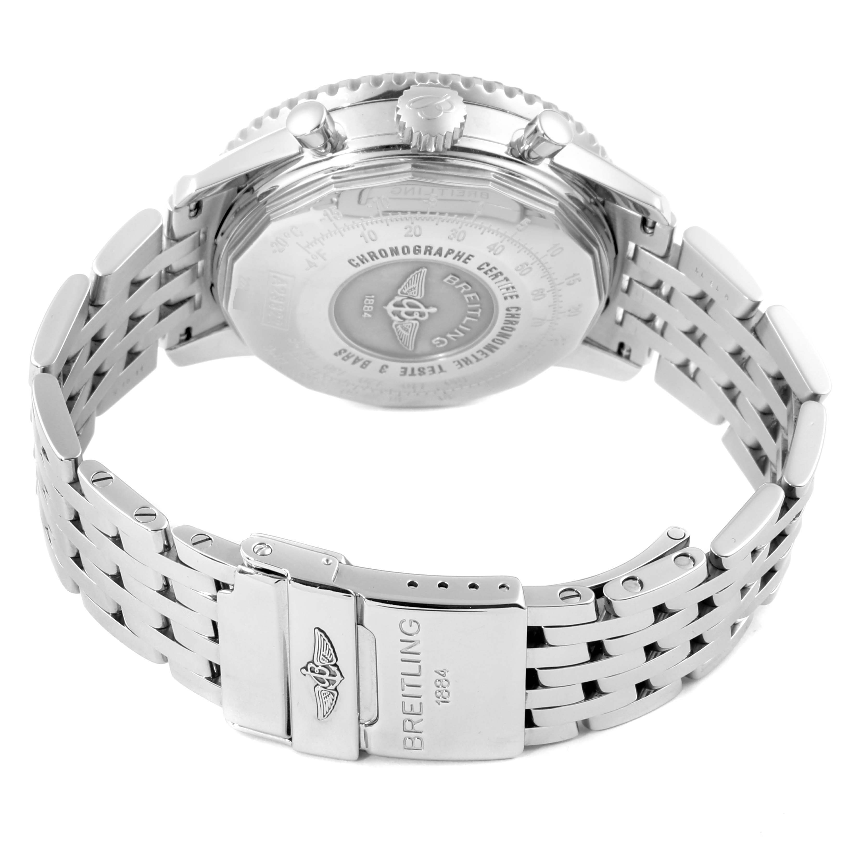 This image shows the backside and bracelet of a Breitling Navitimer A23322 Men
s Stainless Steel Black Dial A23322 Men
s Stainless Steel Black Dial watch at a slight angle.