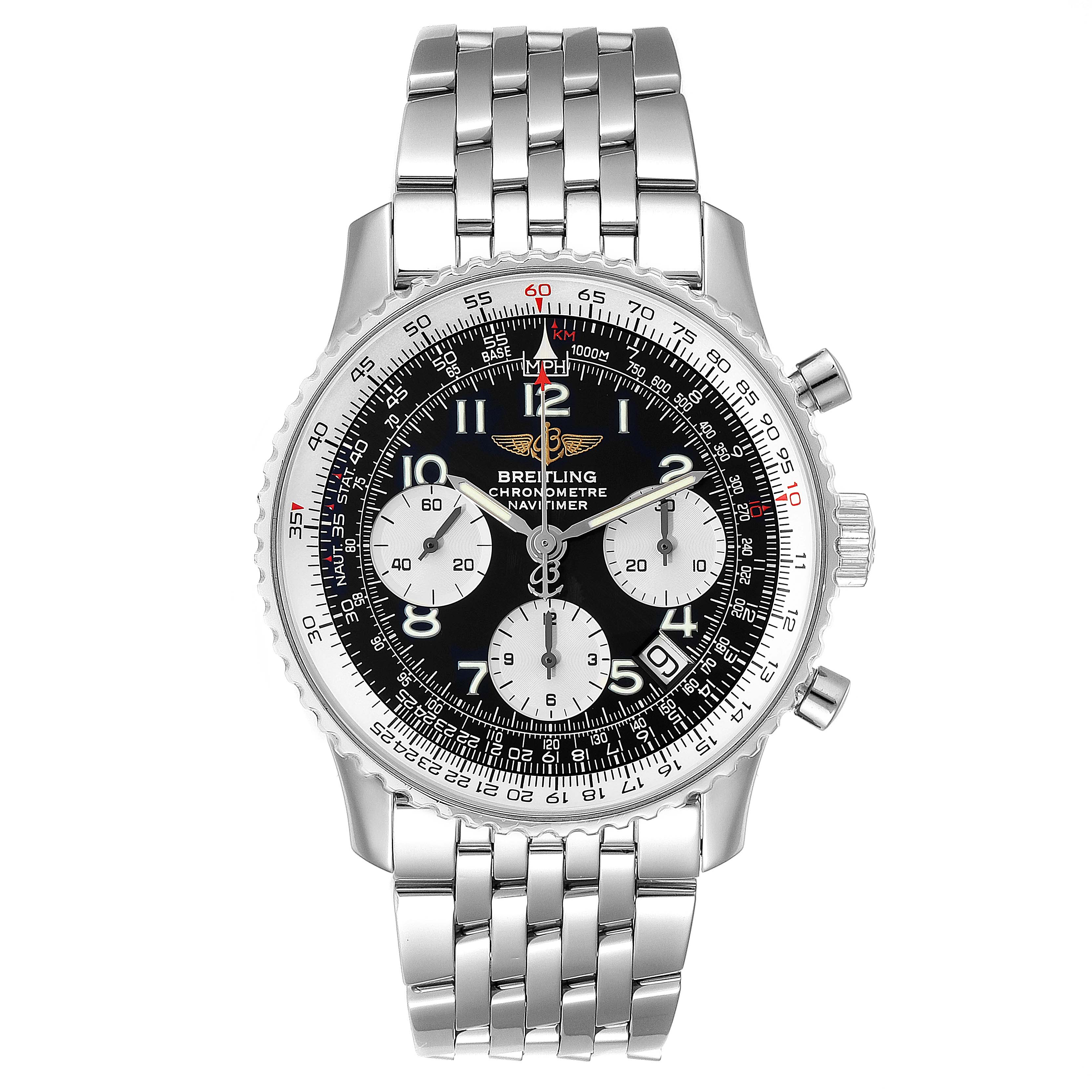 The image shows a front view of the Breitling Navitimer A23322 Men
s Stainless Steel Black Dial A23322 Men
s Stainless Steel Black Dial watch, highlighting its face, bezel, crown, pushers, and bracelet.