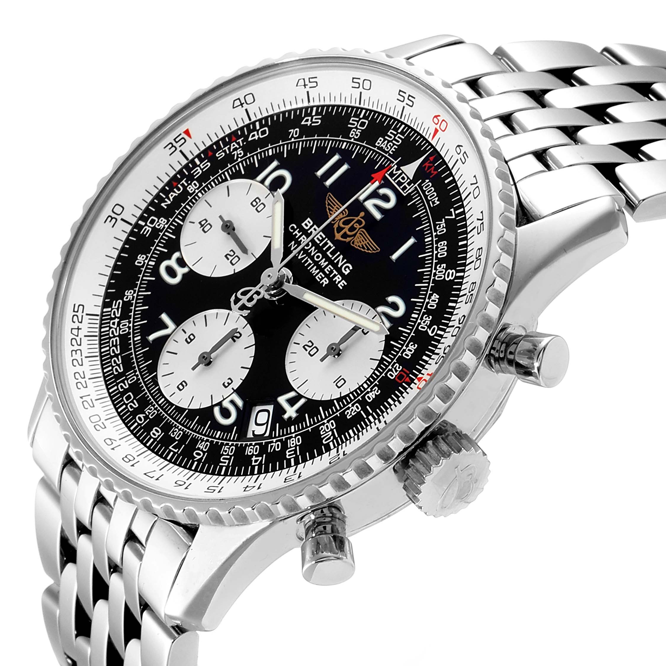 This image shows a Breitling Navitimer A23322 Men
s Stainless Steel Black Dial A23322 Men
s Stainless Steel Black Dial watch at a slight angle, highlighting the dial, bezel, chronograph subdials, and stainless steel bracelet.